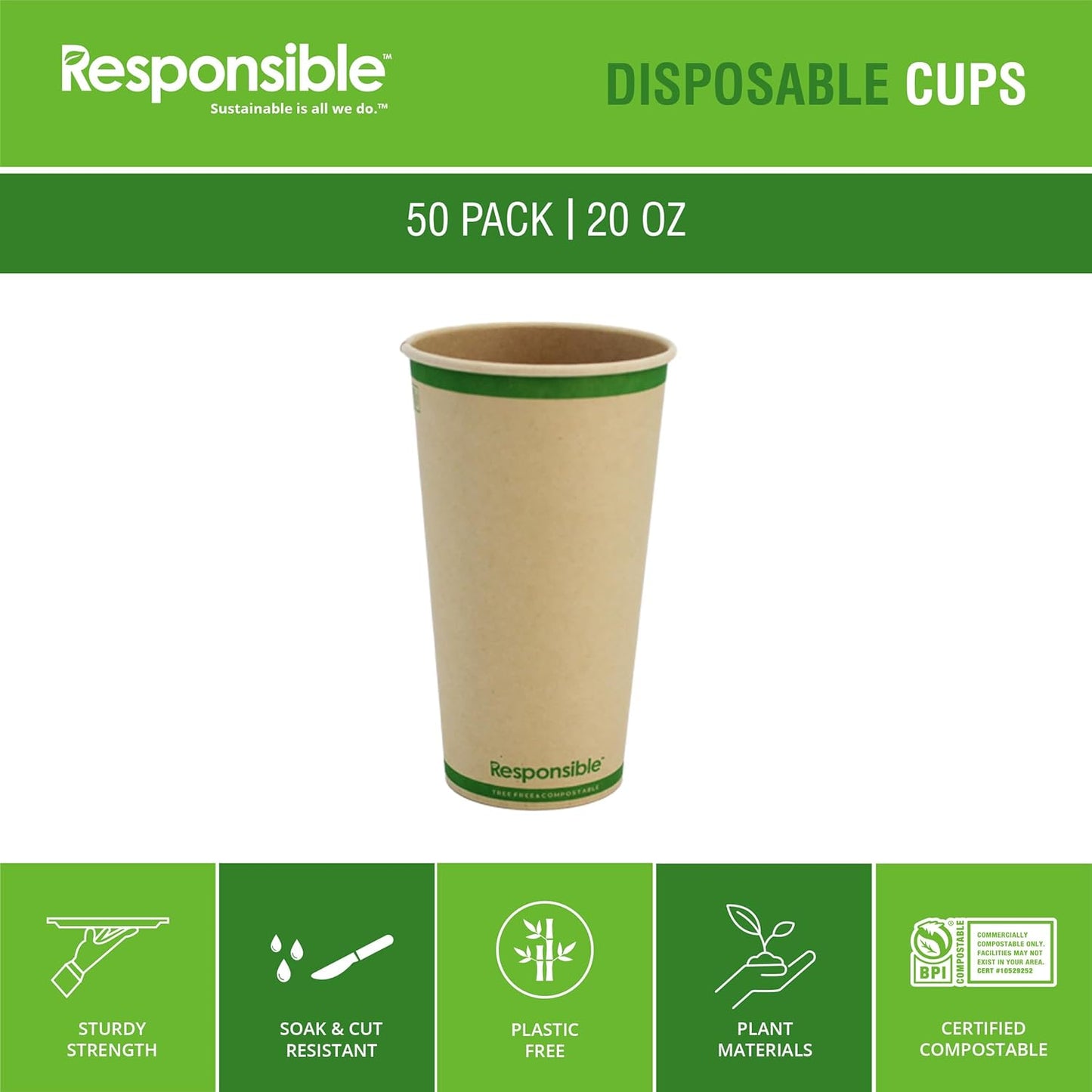 Certified Compostable 20 oz Paper Cups, Cold ＆ Hot Coffee Cups, Disposable Paper Cups, Extra Strength Disposable Cups, Made without PFAS (50 count)