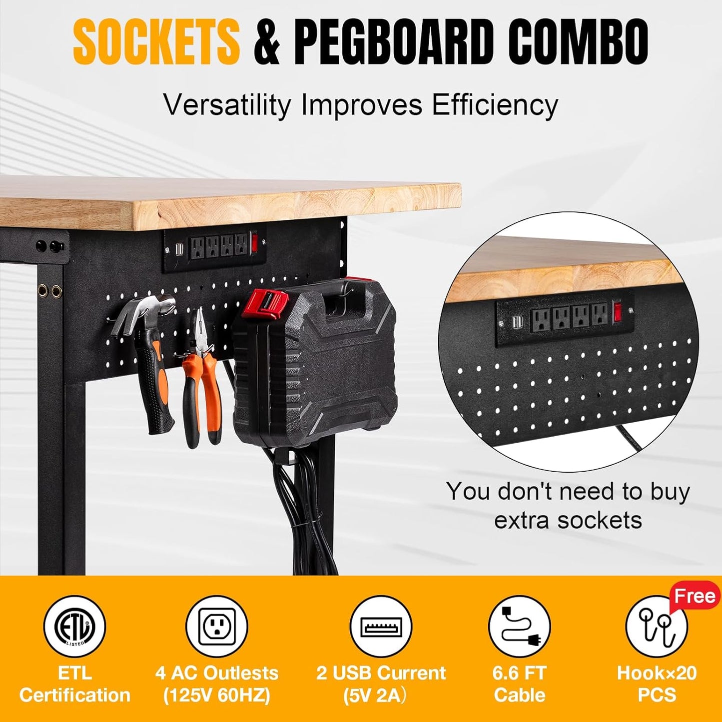 Height Adjustable Workbench 60”×22” Heavy Duty Work Table 2000 LBS Load Capacity Rubber Wood Work Station with Power Outlet & Pegboard for Garage, Office, Workshop, Home, Party Shop