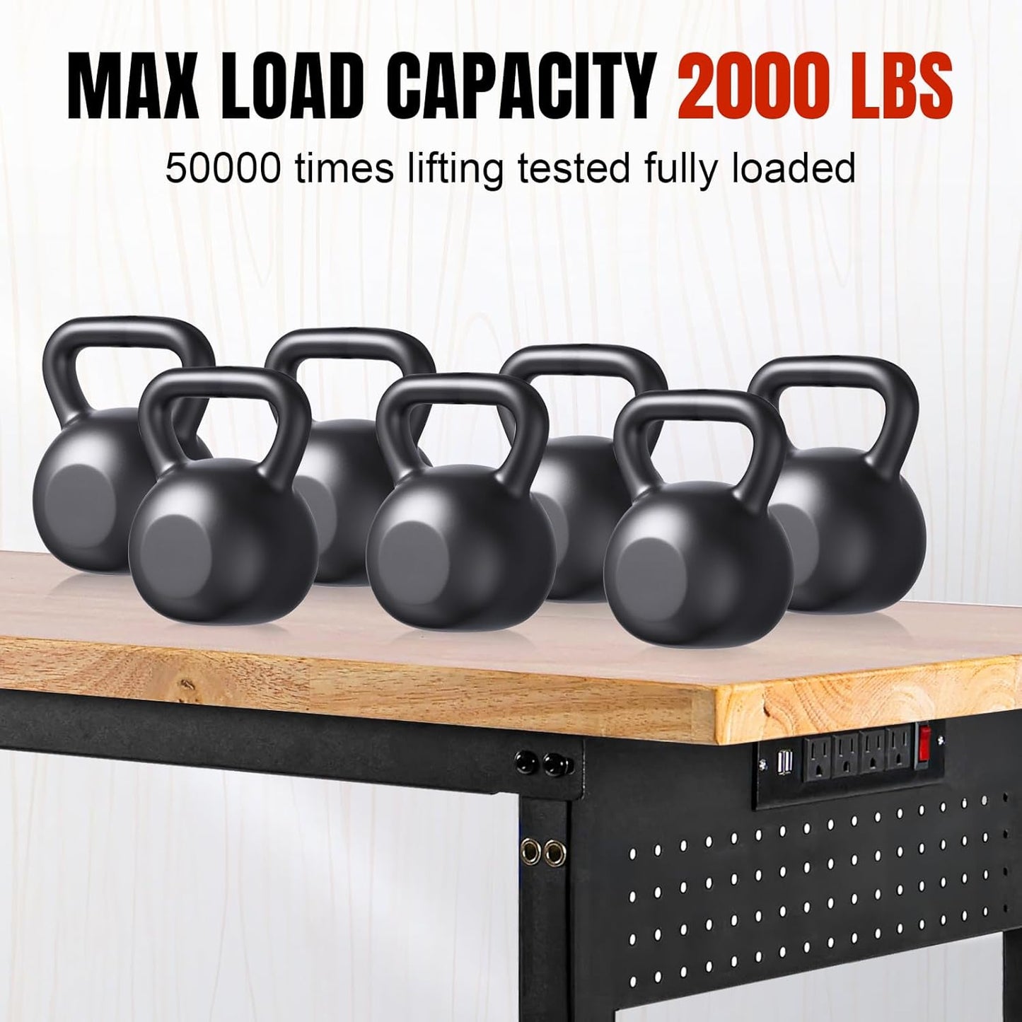 Height Adjustable Workbench with Wheels 60”×22” Heavy Duty Work Table 2000 LBS Capacity Rolling Work Table Rubber Wood Work Station with Power Outlet & Pegboard for Garage, Office, Workshop, Home