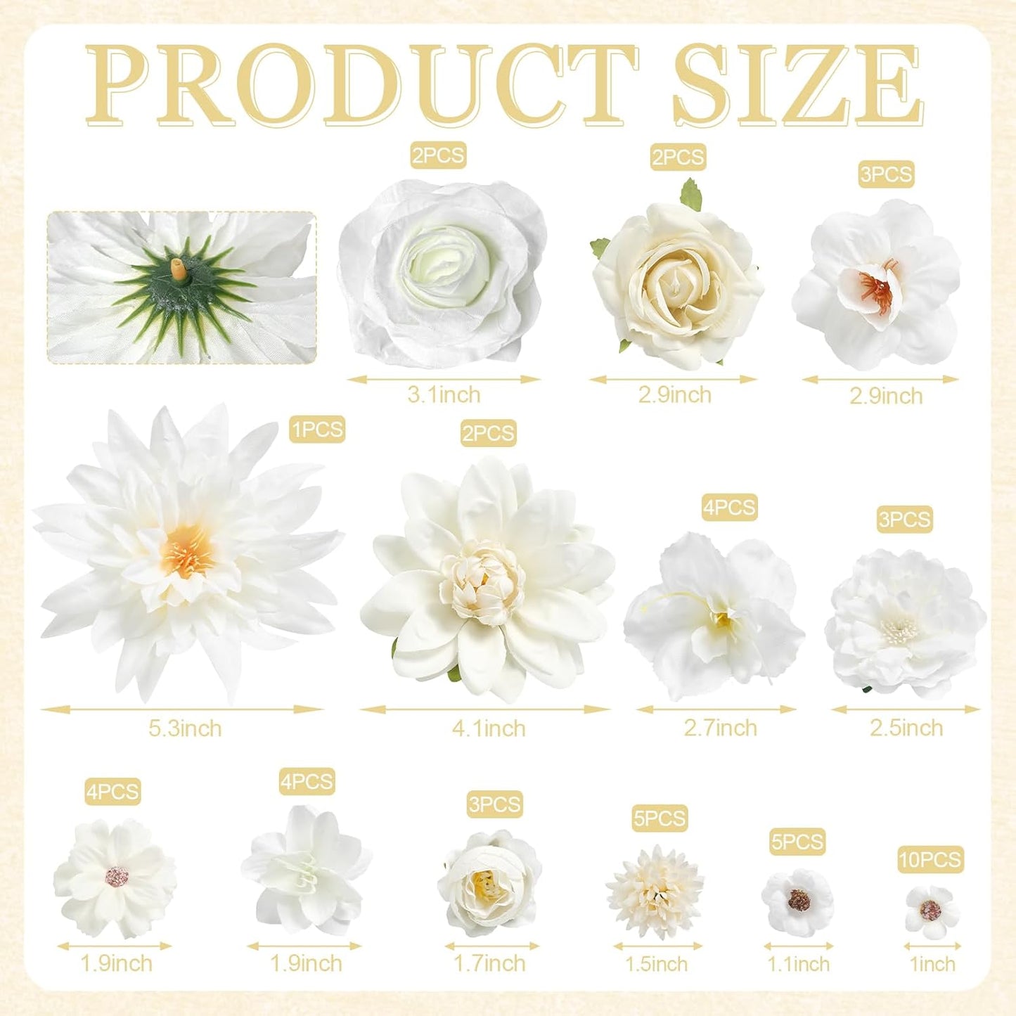 YYHUAWU Fake Flower Heads Mini White Artificial Flower Faux Dahlia Rose Flowers Multicolor Silk Daisy Flower Heads for Craft Garland Wedding Bridal Baby Shower Home Party Decoration DIY Cake Decor