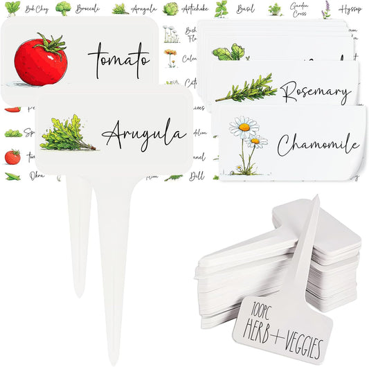 Herb Garden and Vegetable Label Signs - 100 PC Veggie Plastic Markers Stakes Picks Tags with 126 Cute Name Stickers Sign for Indoor Outdoor Potted Planter Planting Seed Nursery Bottle Supplies
