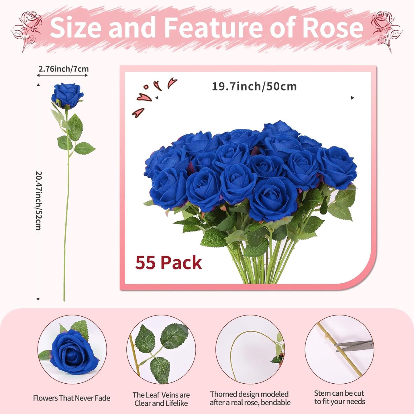 55 PCS Fake Roses Artificial Flowers Bulk, Blue Roses Bridal Bouquet Silk Faux Rose with Stems for Wedding Flowers Decoration, Valentine's Day, Bridal Bouquet, Anniversary,Home Decor(55PCS, Blue)