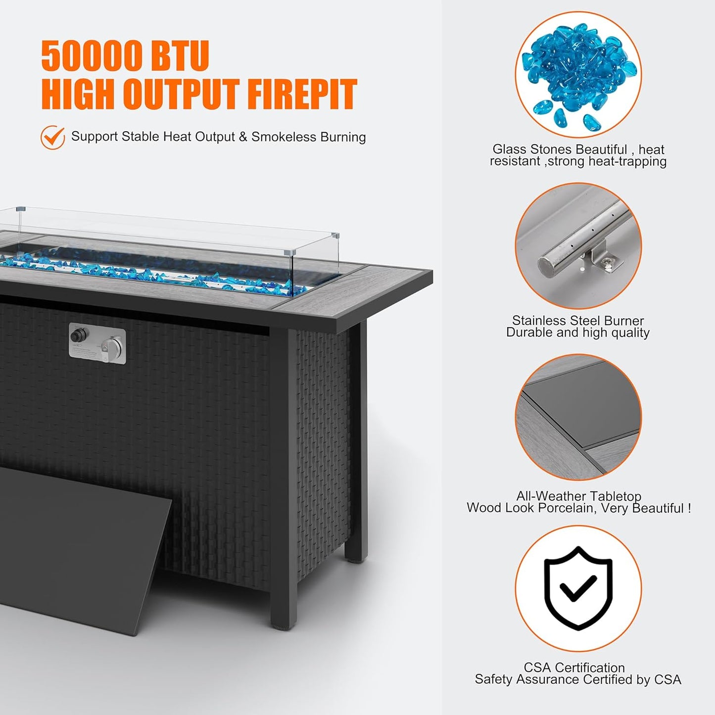 45 inch Outdoor Propane Fire Pit 50,000 BTU Gas Fire Pit Table with Lid, Glass Wind Guard, Waterproof Cover, Rectangle Gas Firepit Table for Garden/Patio, CSA Certification