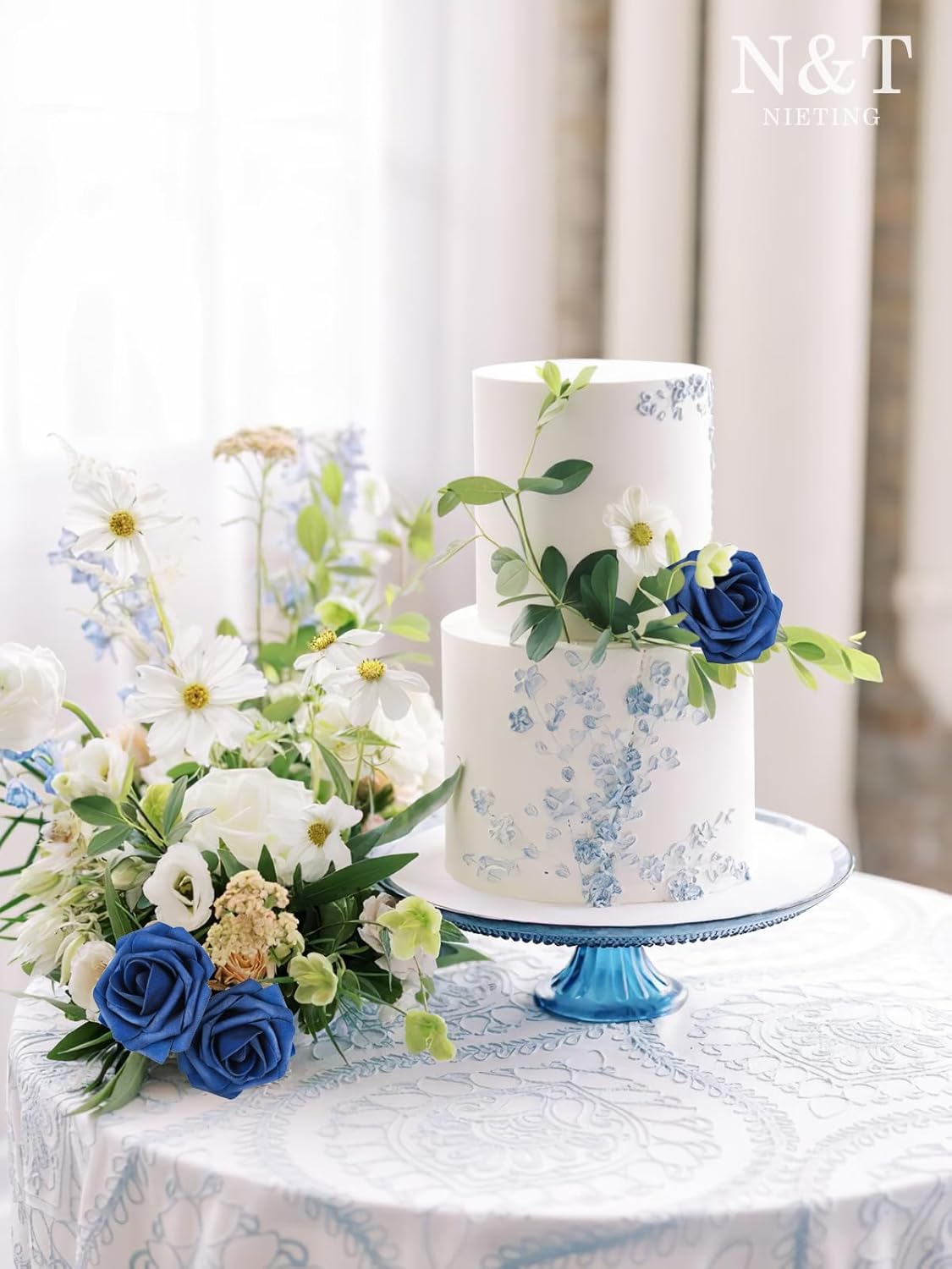 N&T NIETING Artificial Flowers Roses 25Pcs Fake Flowers Foam Roses with Stems for Halloween DIY Wedding Bridesmaid Bridal Bouquets Centerpieces Party Home Decoration Baby Shower, Navy Blue