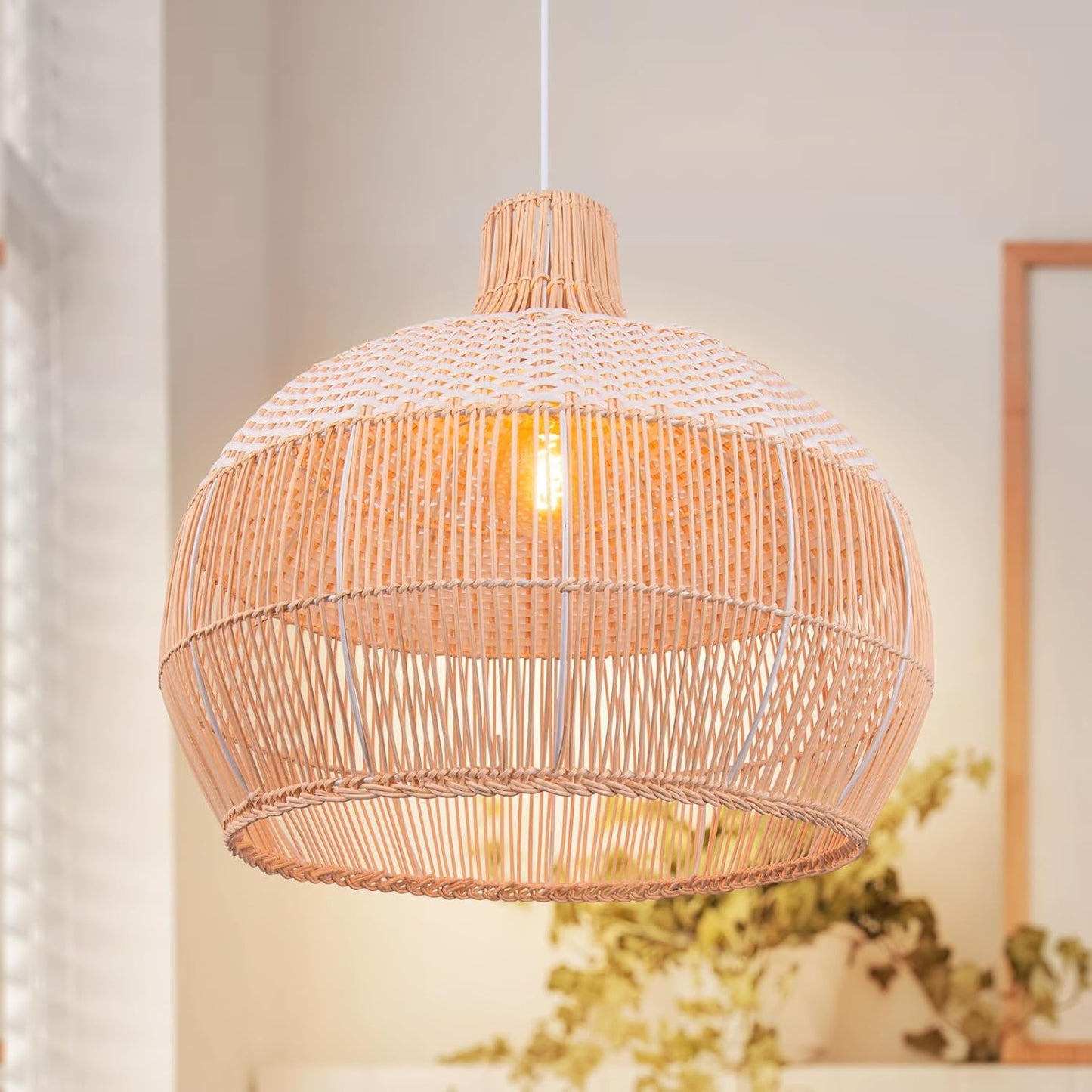 Arturesthome White Handwoven Rattan Boho Pendant Lighting Fixtures, Wicker Hanging Ceiling Light Chandelier, Handmade Woven Basket Lampshade for Kitchen Island