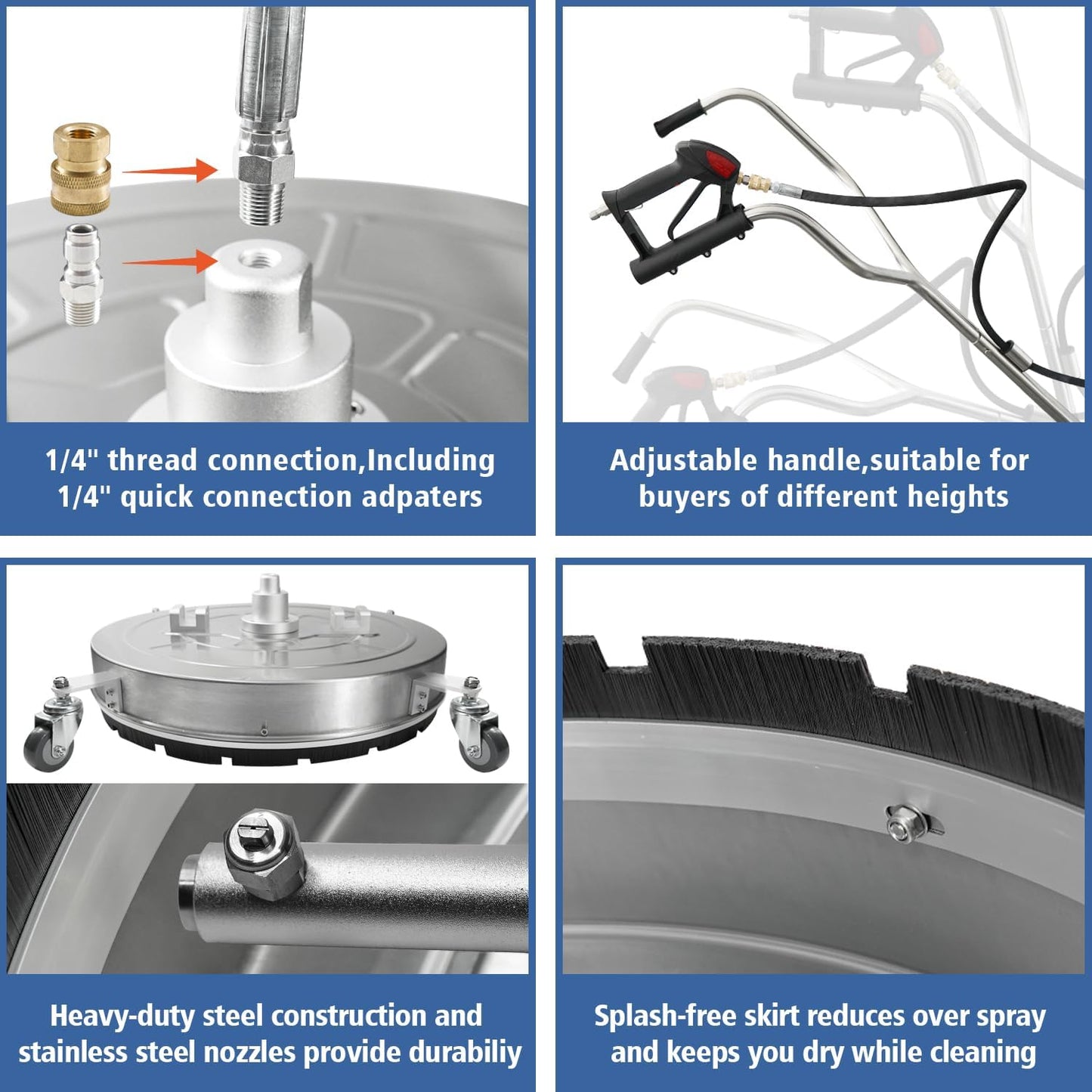 JANZ 30'' Pressure Washer Surface Cleaner with 4 Wheels,Dual Handle,Stainless Steel Housing, 2 Hose Adapters and 4 Replacement Nozzle Cores,Ideal for Driveways, Sidewalks,Patios,Decks Cleaning