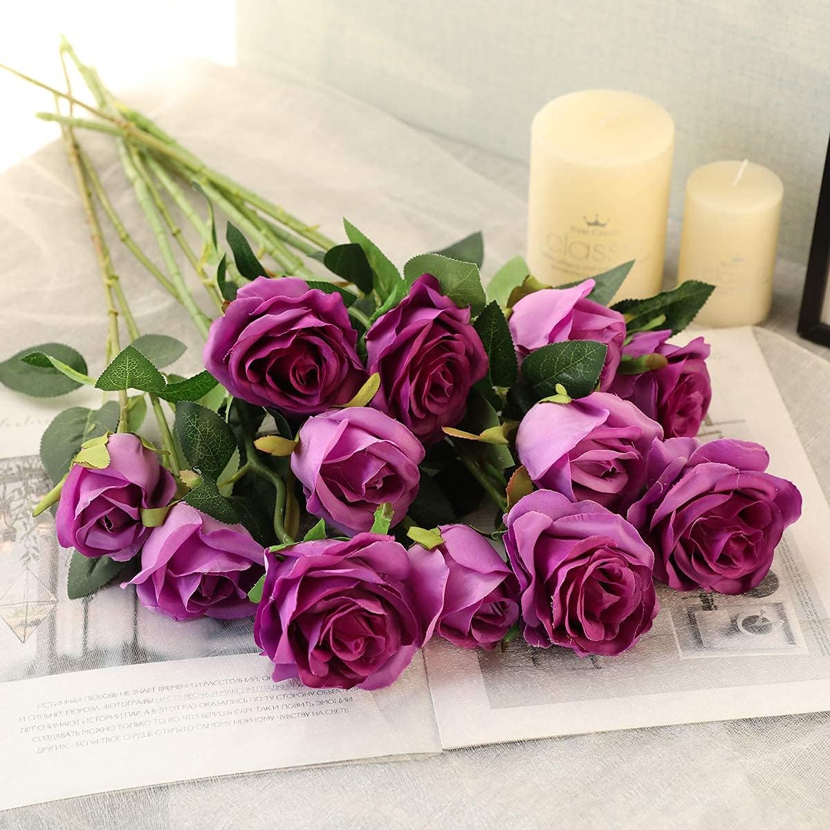 Hawesome 12PCS Artificial Silk Flowers Realistic Roses Bouquet Long Stem for Home Wedding Decoration Party (Purple 1)
