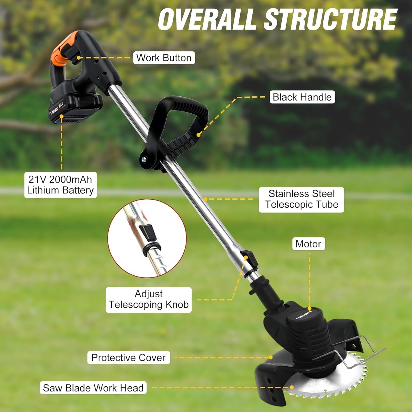 ALSO GO 21V Electric Weed Eater with Wheels,Cordless Battery Weed Wacker with Charger, 3 in 1 Brush Cutter/String Trimmer/Grass Trimmer/Lawn Mower,Edger for Garden and Yard Lawn,2 Batteries Include