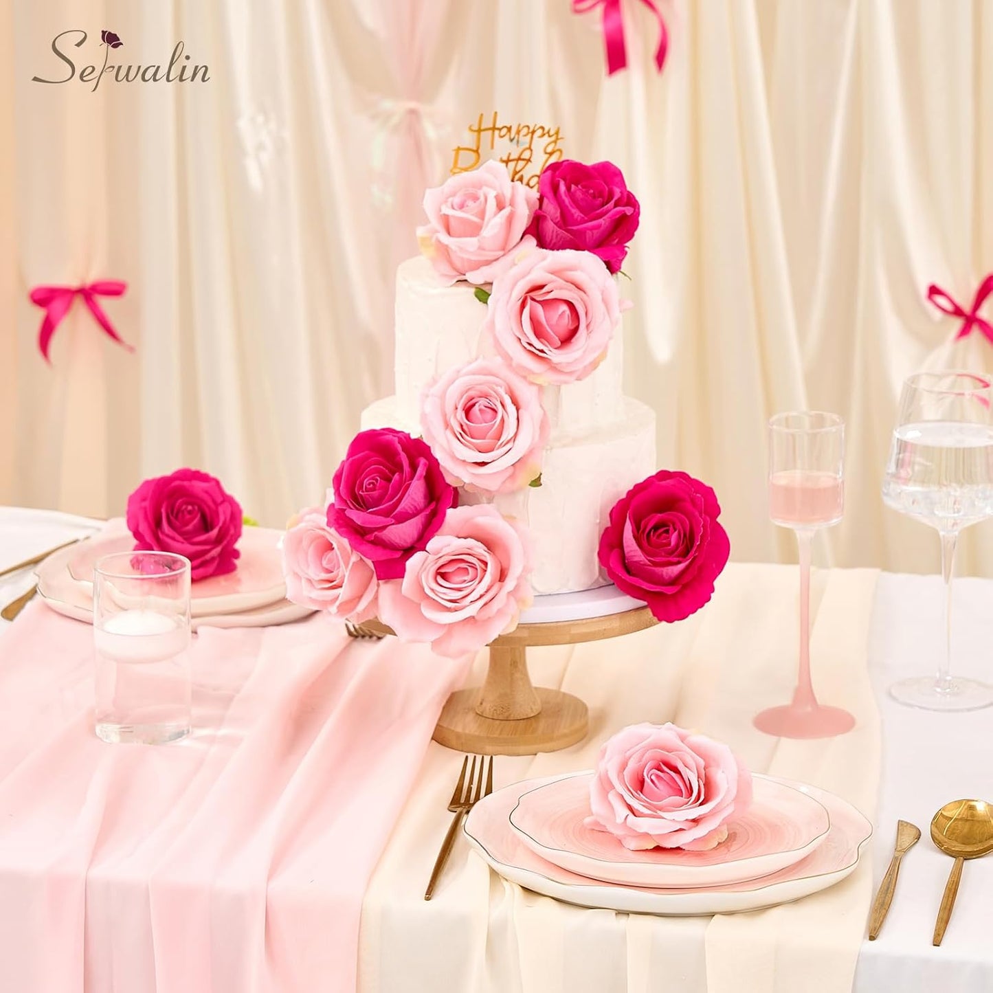 Serwalin 20pcs Artificial Pink & Hot Pink Roses, 4'' Big Flower Head, Fake Velvet Roses, Silk Roses Long Stems Realistic Bouquet for Wedding Parties Table Centerpiece and Home Decor