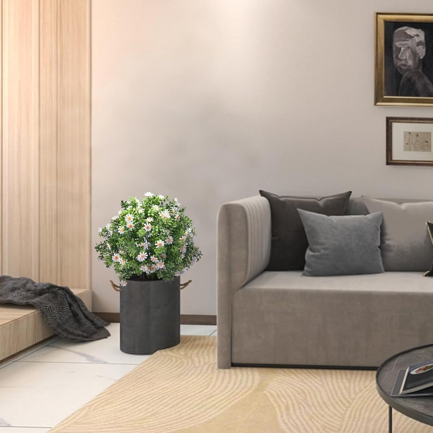 23.6" Artificial Boxwood Topiary Ball Trees with White Flowers, Set of 2 UV Resistant No Fade Outdoor Faux Plants with Ground Spike, Fake Shrubs for Garden, Patio, Porch, Yard, Indoor Decor