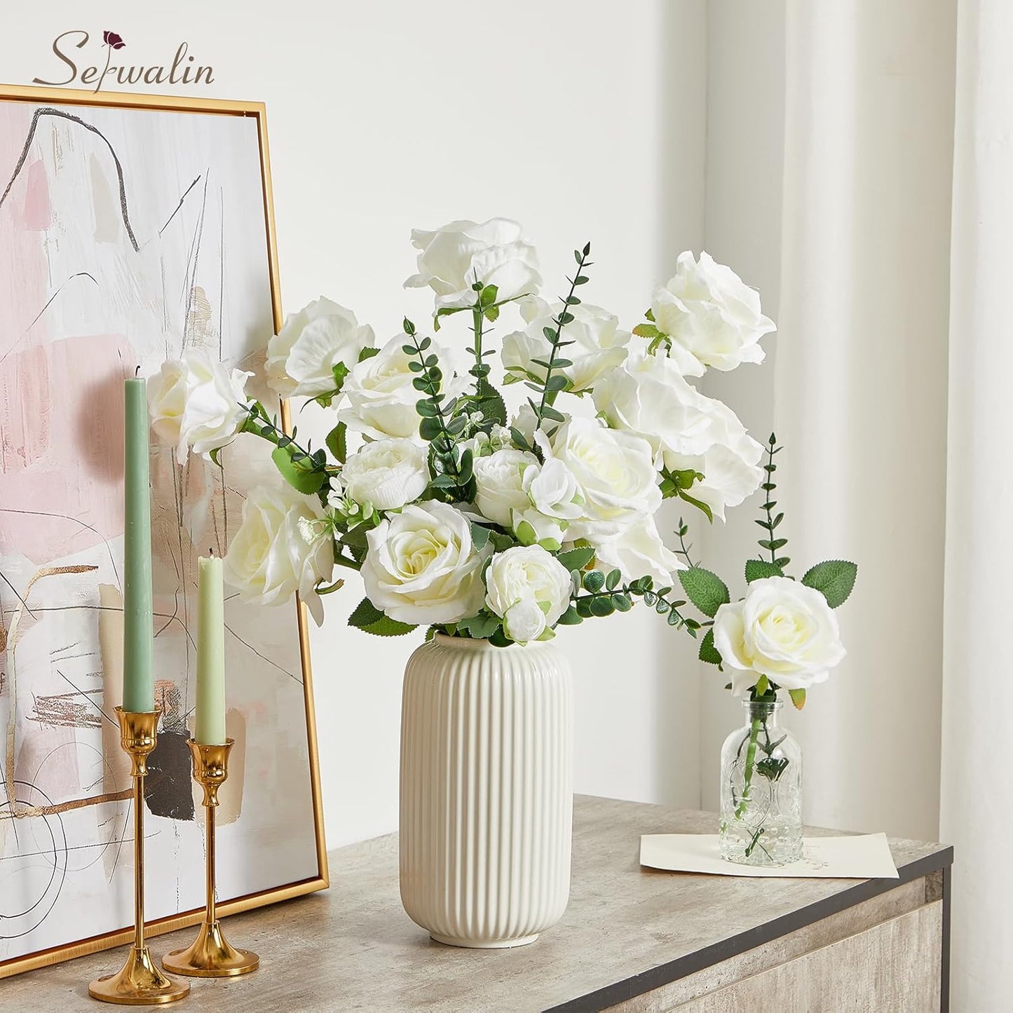 Serwalin 20PCS Artificial White Roses, 4'' Big Flower Head, Ivory Silk Roses, Velvet Fake Roses Bouquet Long Stem Roses for Home Decor Wedding and Table Centerpiece