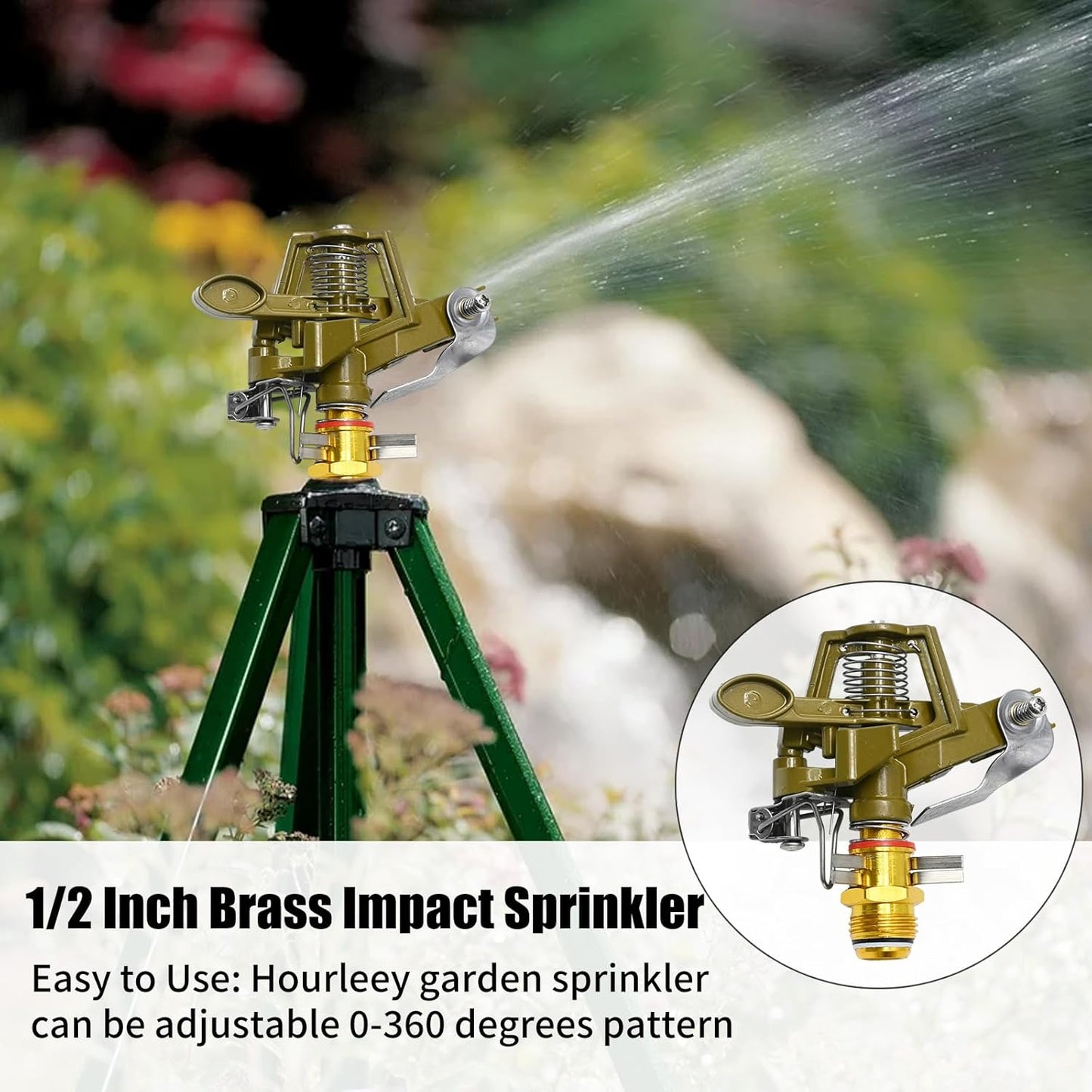 1/2 Inch Brass Impact Sprinkler with Nozzles Adjustable 0-360 Degree Coverage Pattern Heavy Duty Lawn Sprinkler Head for Yard Lawn Grass Patio Garden Irrigation (2Pcs)