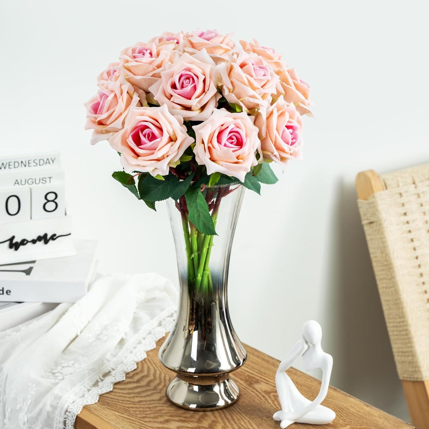 Fake Roses Faux Flowers Silk Roses Artificial Roses with Stems Realistic Artificial Flowers 16.5In Suitable for Indoor Home Decoration DIY Bouquet Wedding Decor Party Decor (12PCS, Pink)