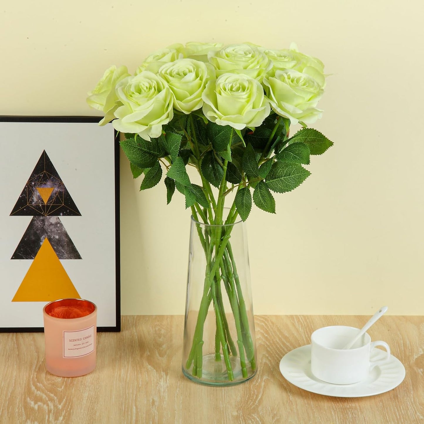 12pcs Light Green Roses Artificial Flowers Fake Roses Silk Flowers Roses with Long Stems for Wedding Home Party Centerpieces Decorations