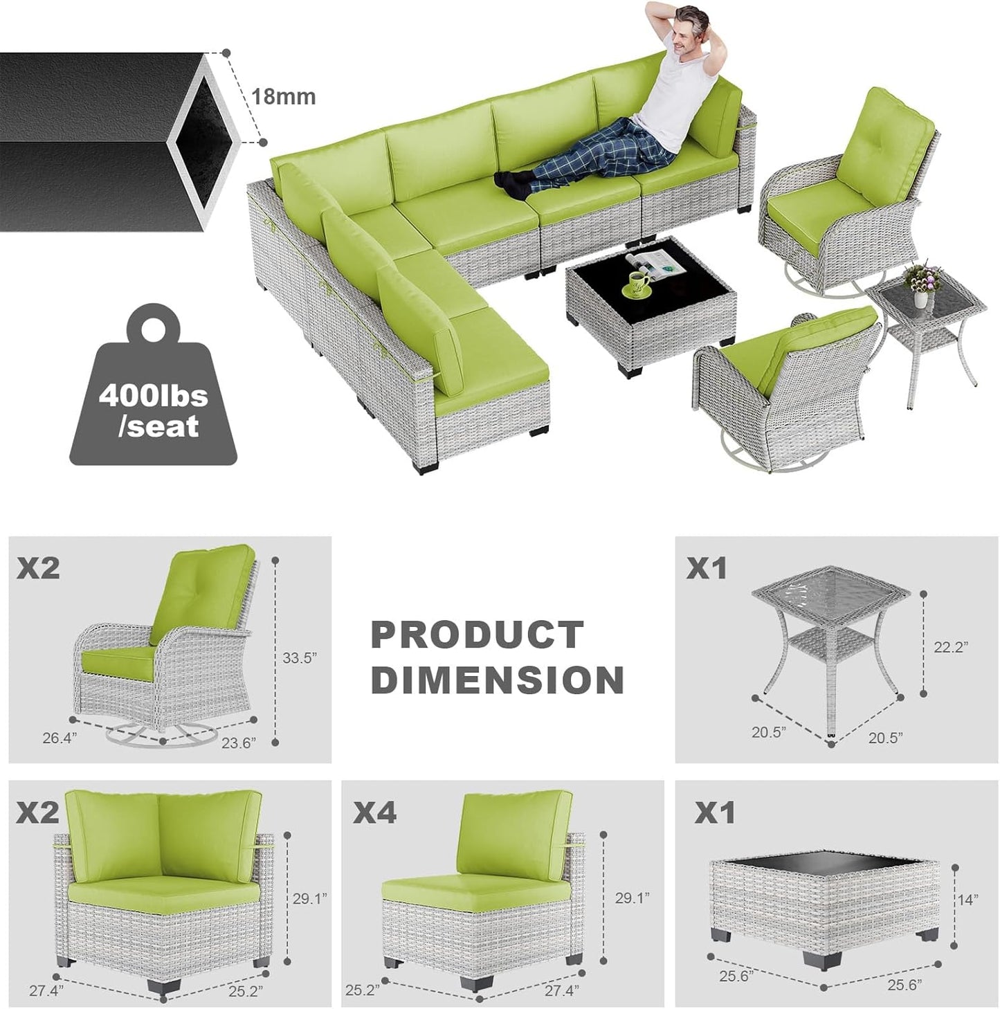 10-Piece Patio Furniture Set, Outdoor Patio Furniture with Swivel Chairs Set, Thick Cushions, Modular Patio Sofa, Dual-Strand Rattan, Rust-Resistant Frame, Grass Green