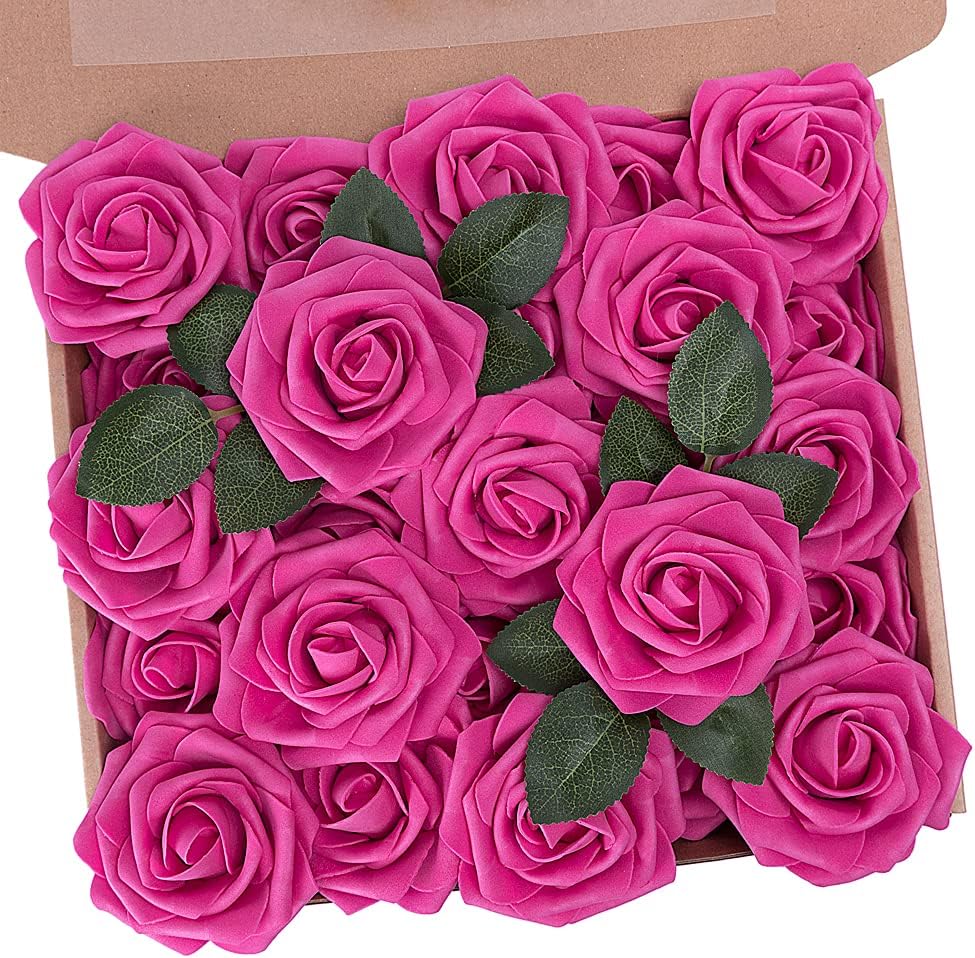 N&T NIETING Artificial Flowers, Foam Roses Perfect for DIY Wedding Bridal Bouquets Centerpieces Bridal Shower Party Home Flower Arrangement Decor 25Pcs, Hot Pink