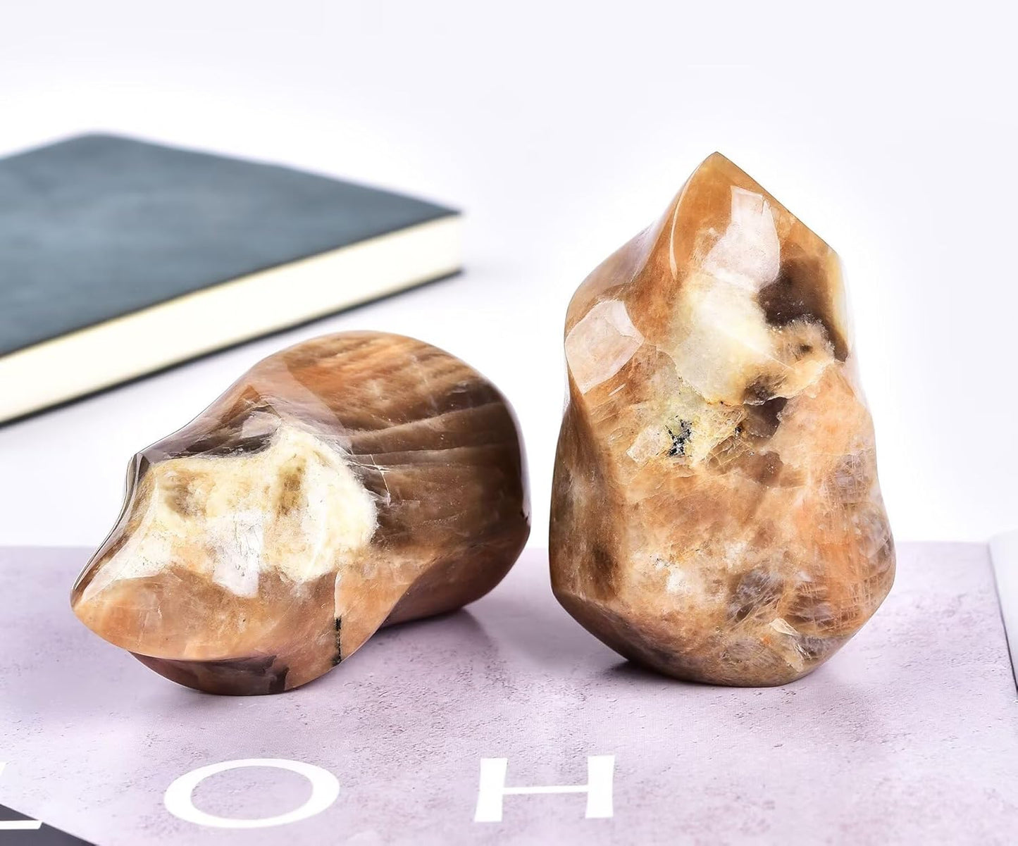 AMOYSTONE Yellow Moonstone Flame Shaped Stone Towers Obelisk Natural Healing Crystal Quartz Reiki Energy Decoration Home Office Small 1.0LBS