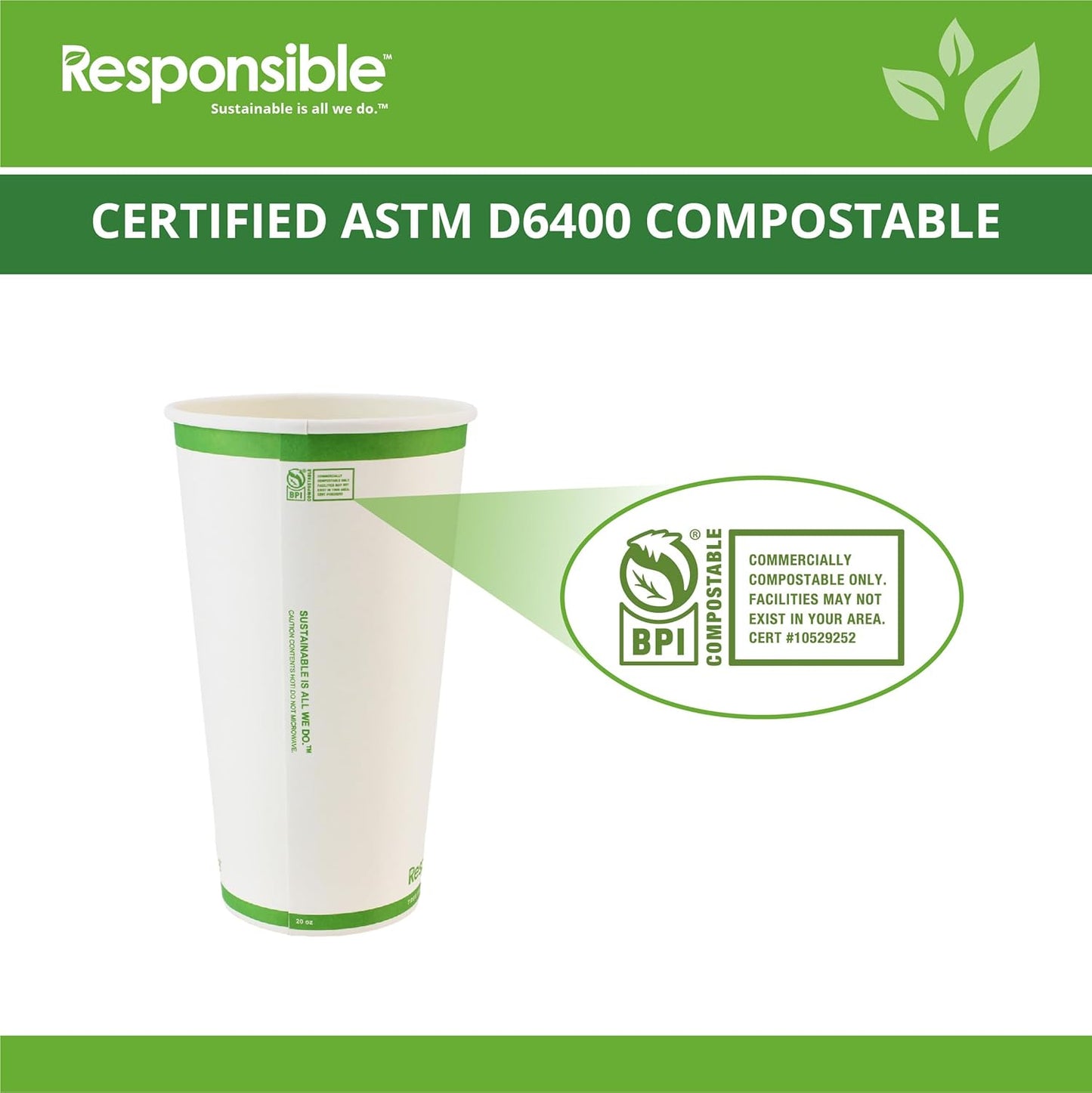 Certified Compostable 20 oz Paper Cups, Cold ＆ Hot Coffee Cups, Disposable Paper Cups, Extra Strength Disposable Cups, Made without PFAS (50 count)