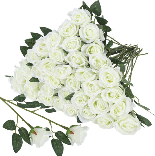 36 Pcs Silk White Rose Bouquet Bridal Artificial Flowers,Fake Rose Long Stem Realistic Artificial Flowers Bulk for Wedding Bouquet Ball Arrangement Centerpiece Party Decor