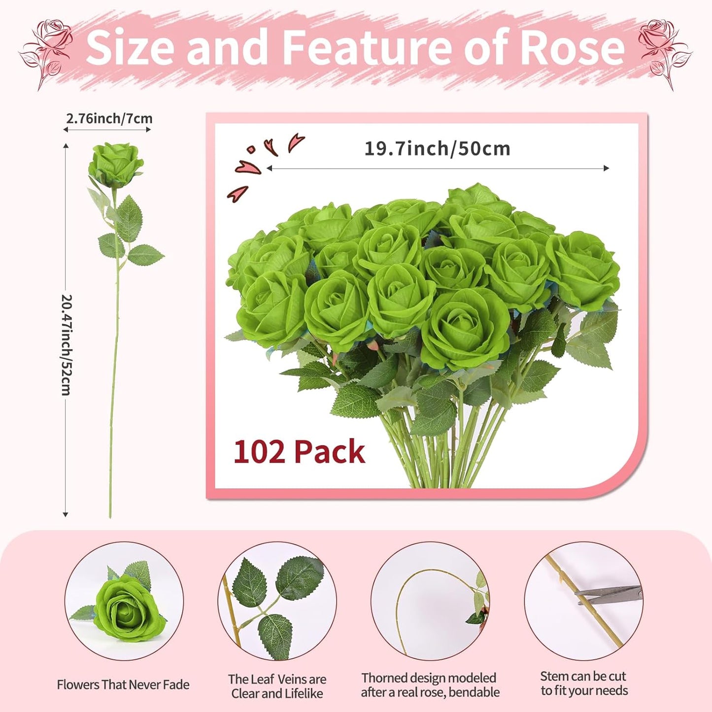 102 PCS Fake Roses Artificial Flowers Bulk, Green Roses Bridal Bouquet Silk Faux Rose with Stems for Wedding Flowers Decoration, Valentine's Day, Bridal Bouquet, Anniversary,Home Decor (102PCS, Green)