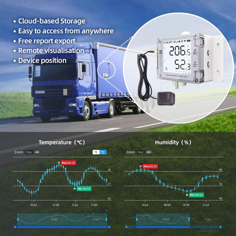 Ubibot Thermometer Hygrometer, Wireless Temperature Data Logger, Remote Humidity Monitor for Refrigerated truck Free App Email Alarm, IFTTT 2.4GHz only (GS1-PL4G1RS WiFi & SIM GPS Location Tracker)