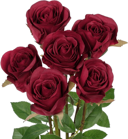 Briful Roses Artificial Flowers– 6PCS 18.9" Burgundy Rose Silk Flowers with Long Stems Realistic Fake Rose Bouquet for DIY Wedding Arrangements Table Vase Centerpieces Home Event Decor
