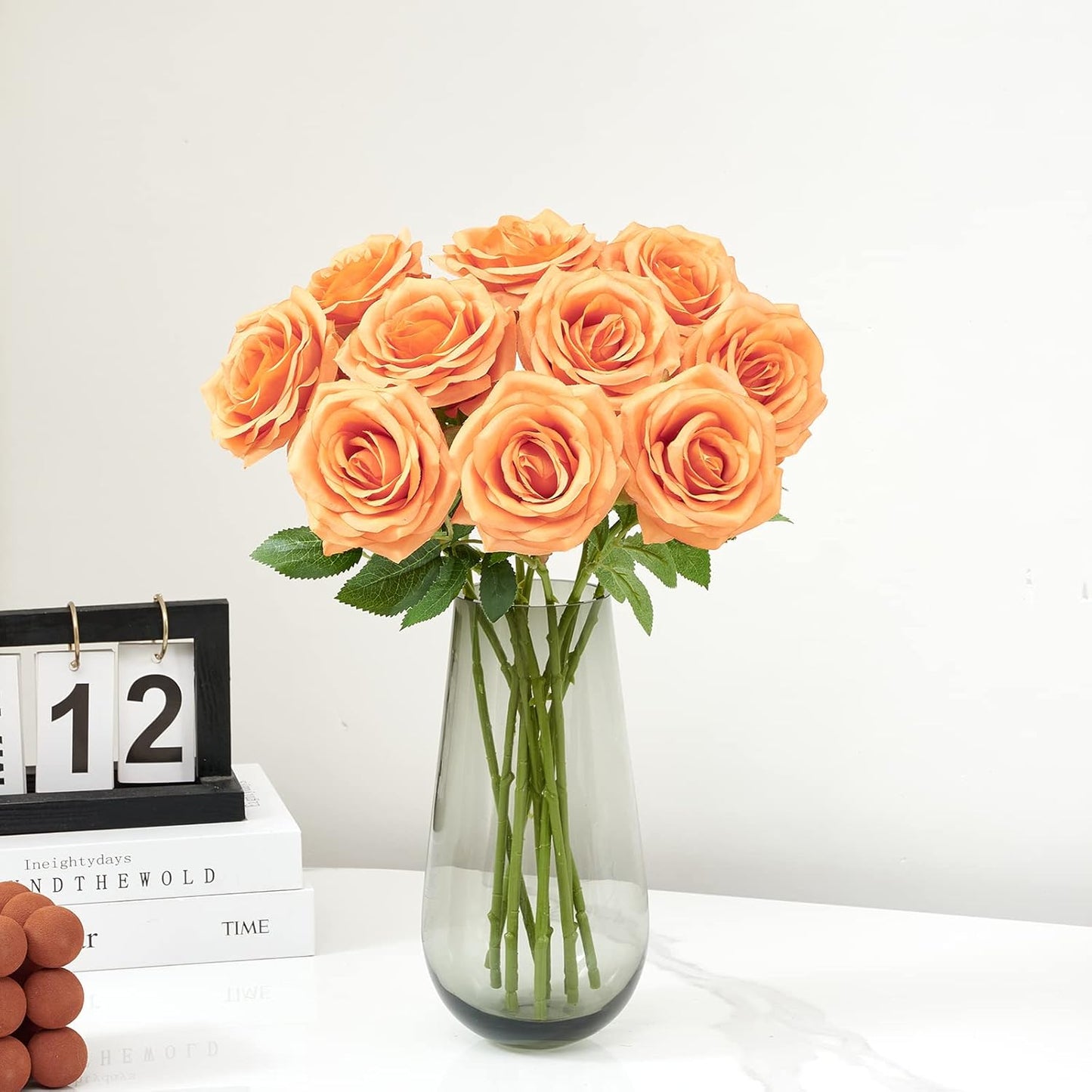 Artificial Rose 10pcs Orange Open Flower Bouquet Faux Rose Stems for Wedding Arrangement, Bridal Bouquet, Centerpiece, Fake Faux Silk Flowers