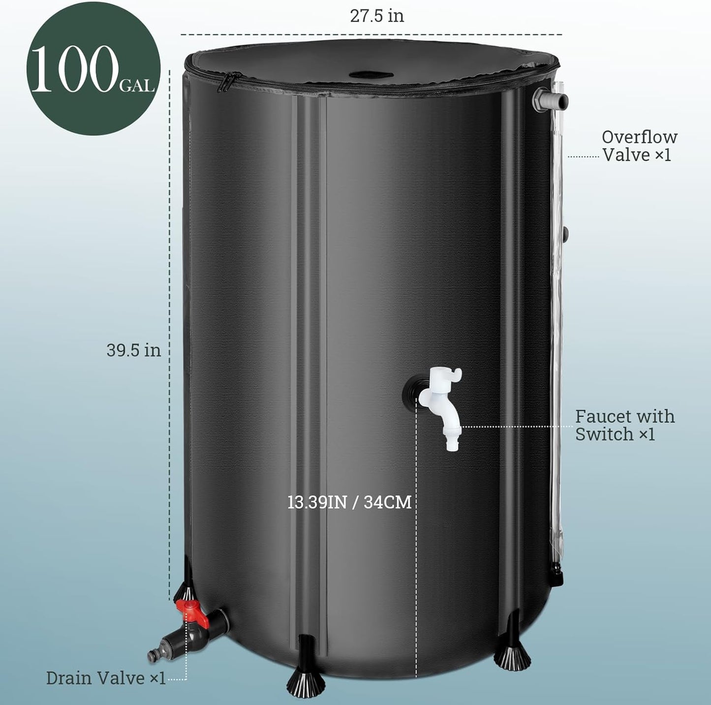 100 Gallon Collapsible Rain Barrel, SKM Portable Rain Water Collection Barrel for Garden/Outside/Lawn, PVC Rainwater Collection System Water Tank Storage Container with Spigots & Overflow Kit, Black