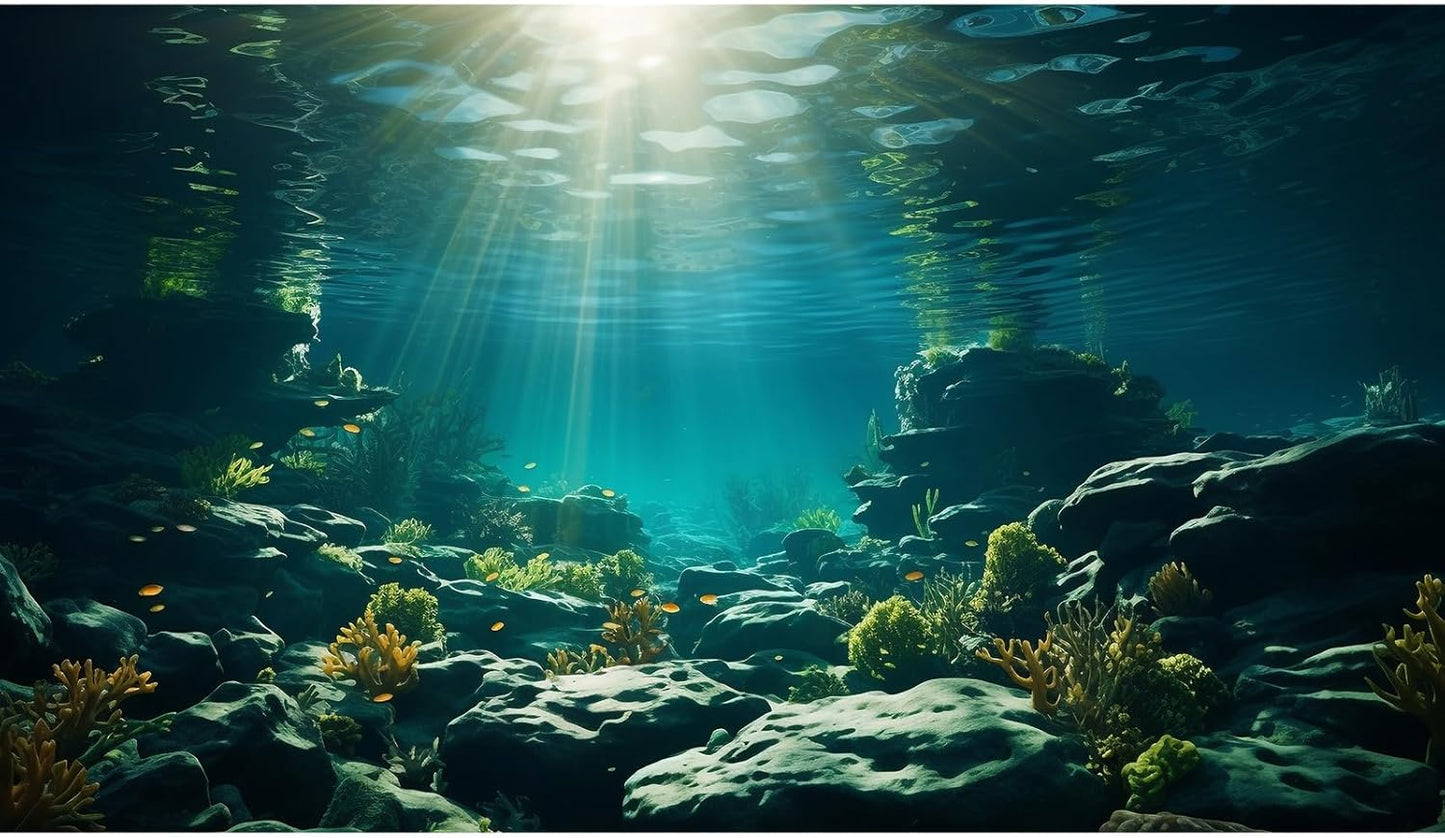 Aquarium Background Underwater Aquatic Plants Rocks Fish Terrarium Backdrop Sunlight Rays Coral Fish Tank Background Cave Style Landscape Sea Grass Tank Wallpaper Poster Vinyl 48x18in