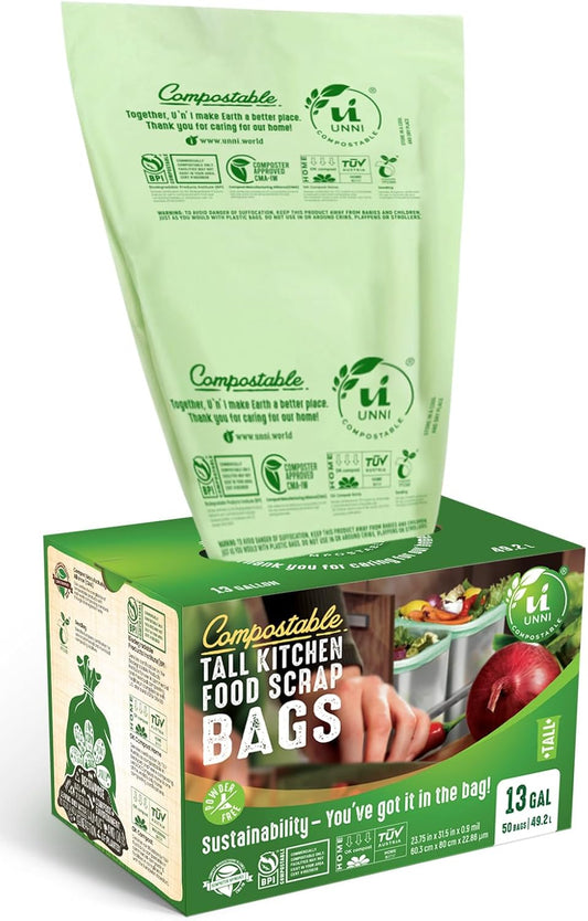 UNNI Compostable Trash Bags, 13 Gallon / 49.2 Liter, 100 Count, Extra Thick 0.9 Mil Tall Kitchen Food Scrap Bin Liners, Certified by BPI, CMA & OK compost HOME, Meets the ASTM D6400 Standard
