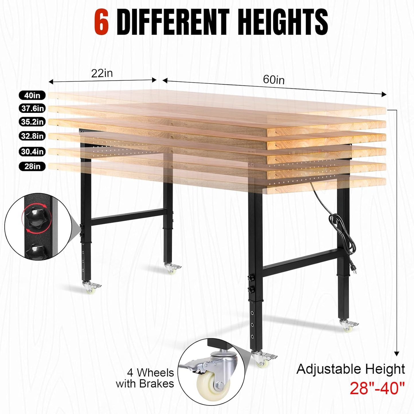 Height Adjustable Workbench with Wheels 60”×22” Heavy Duty Work Table 2000 LBS Capacity Rolling Work Table Rubber Wood Work Station with Power Outlet & Pegboard for Garage, Office, Workshop