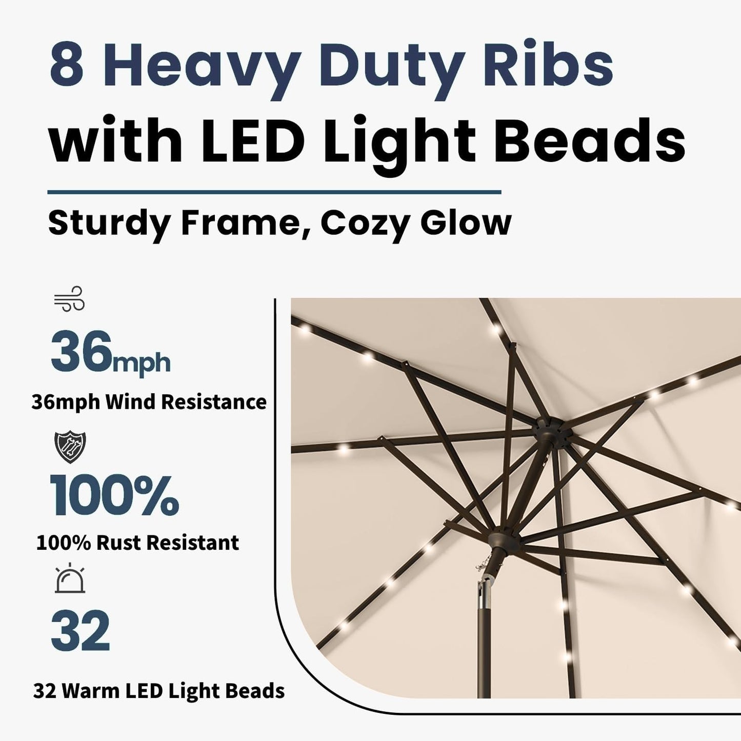 10FT Solar Umbrella 32 LED Lighted Patio Umbrella Table Market Umbrella w/Tilt and Crank, UV-Resistant Outdoor Umbrella for Pool, Garden, Deck, Beige