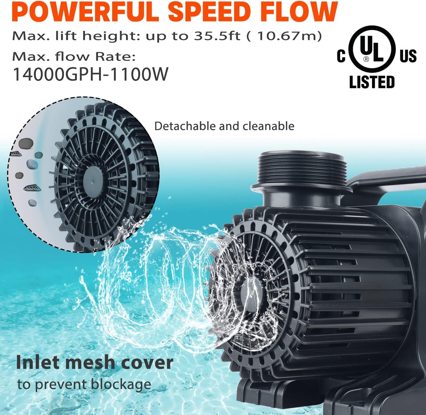 WaterRebirth (12000GPH, UL Listed) PS- High Flow Submersible Water Pond Pump - Water Fountain Aquarium UL listed (12000GPH-850W)