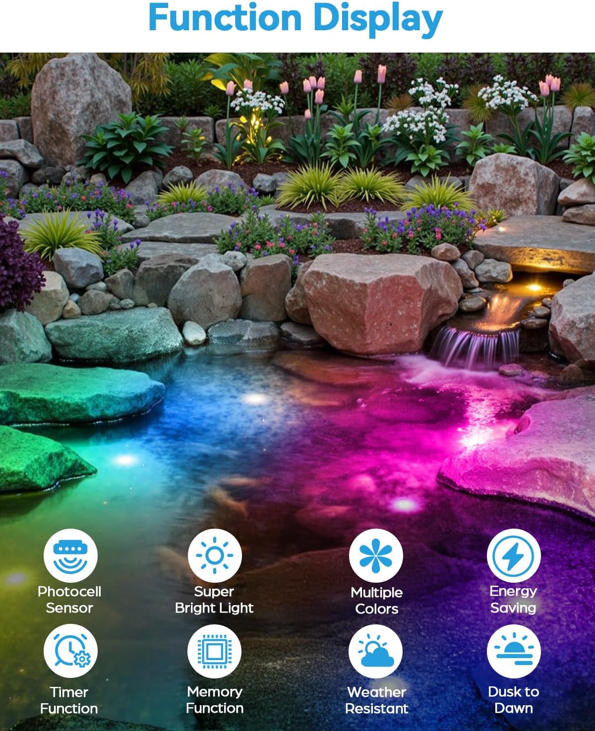 HIBOITEC LED Pond Lights, RGB Underwater Fountain Light with 12V Timer Transformer, Photocell Light Sensor, IP68 Waterproof Outdoor Underwater Lights for Outdoor Ponds Garden, 6 Pack