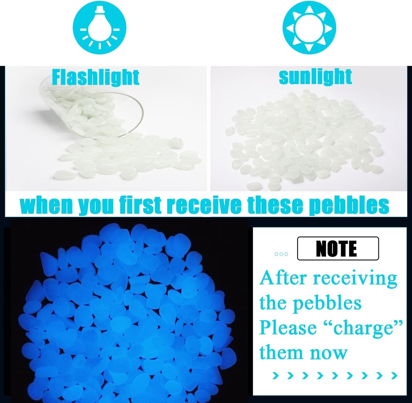 Oubest Glow in The Dark Pebbles/Glow Stones/Glowing Rocks Blue Decor for Garden/Fish Tank/Aquarium/Walkway/Driveway/Plant Pots/Bonsai (200, White)
