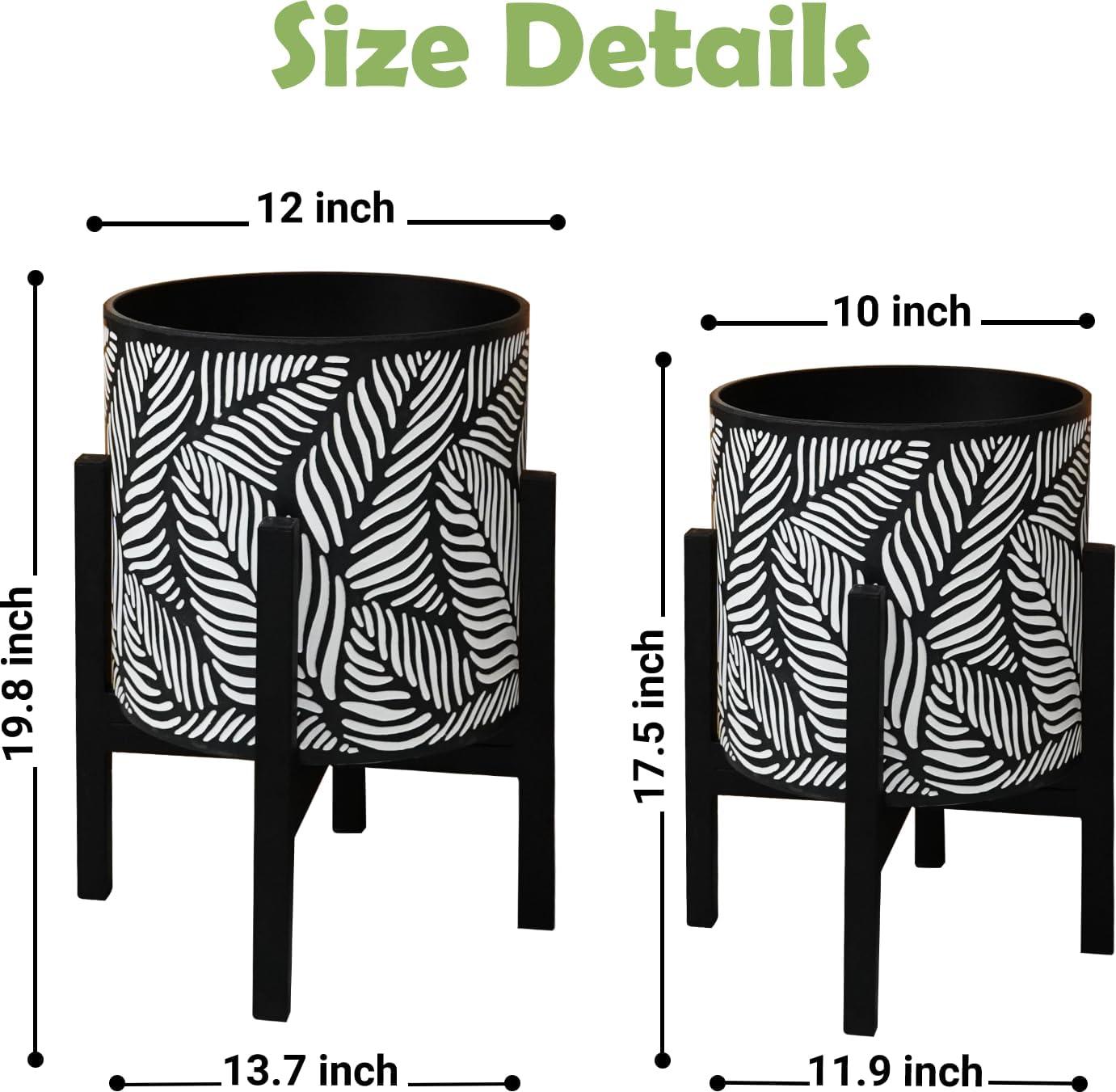10 & 12 Inches Plant Pot with Stand Set of 2, Decorative Palm Leaves Printing Planter with Holder, Garden Pot for Snake Plant, Monstera, Houseplants - Indoor Outdoor Flower Pots with Drainage Holes