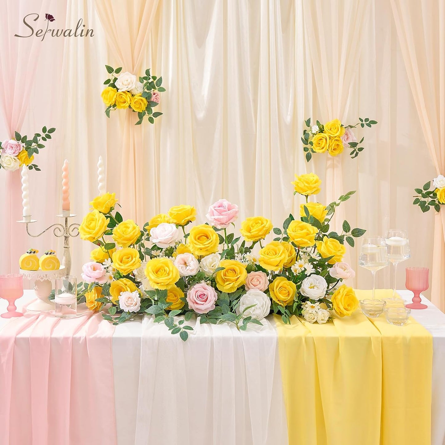 Serwalin 20pcs Artificial Yellow Roses, 4''Big Velvet Flower Head Fake Roses, Realistic Silk Roses Real Touch Bouquet Long Stems for Mother, Wedding Home Decor and Table Centerpiece