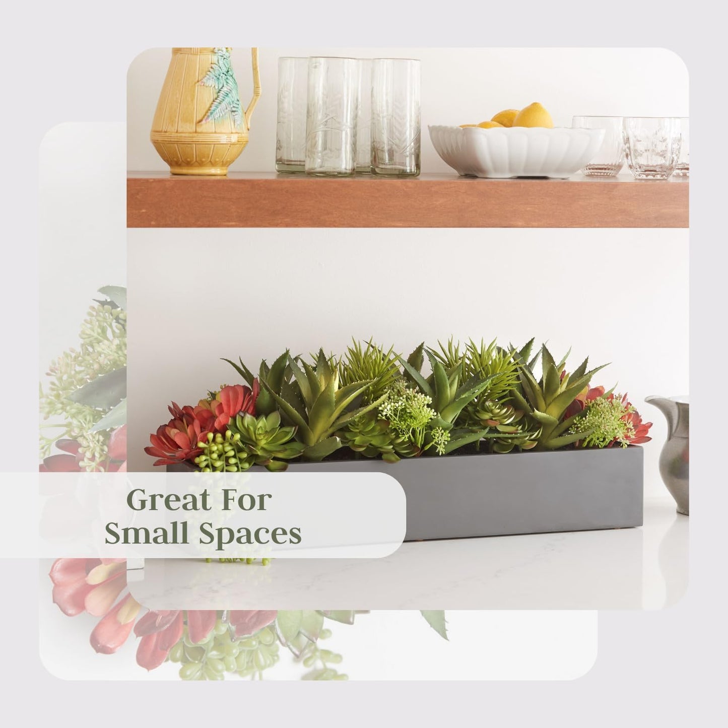 Oblong Faux Succulent Arrangement, Premium Artificial Indoor Plant Enhances Interior Design, Display on any Surface in Your Home Adding an Inviting Touch of Nature, Grey Planter Pot Included