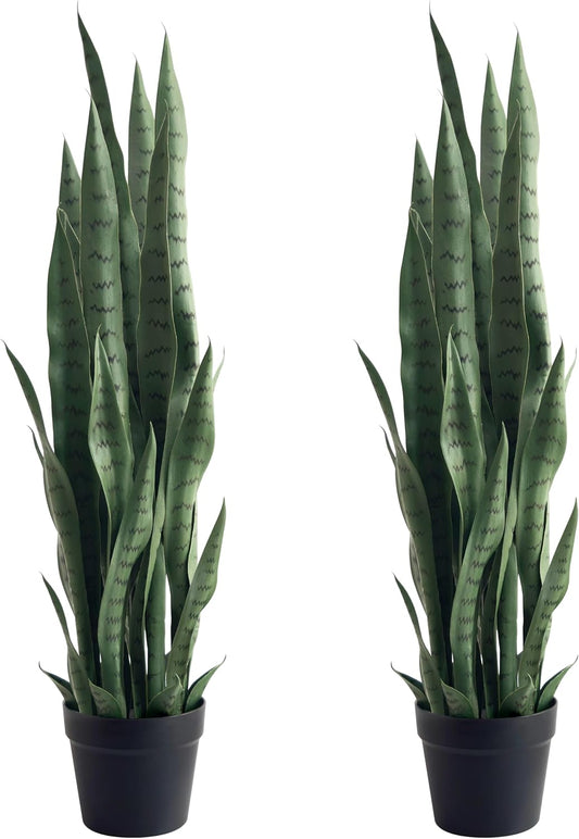 Fake Snake Plant 3ft Tall Faux Sansevieria with 24 Realistic Leaves UV Resistant Potted 2 Pack Fake Mother in Law's Tongue Plants for Indoor Outdoor Home Office Bedroom or Patio Decoration