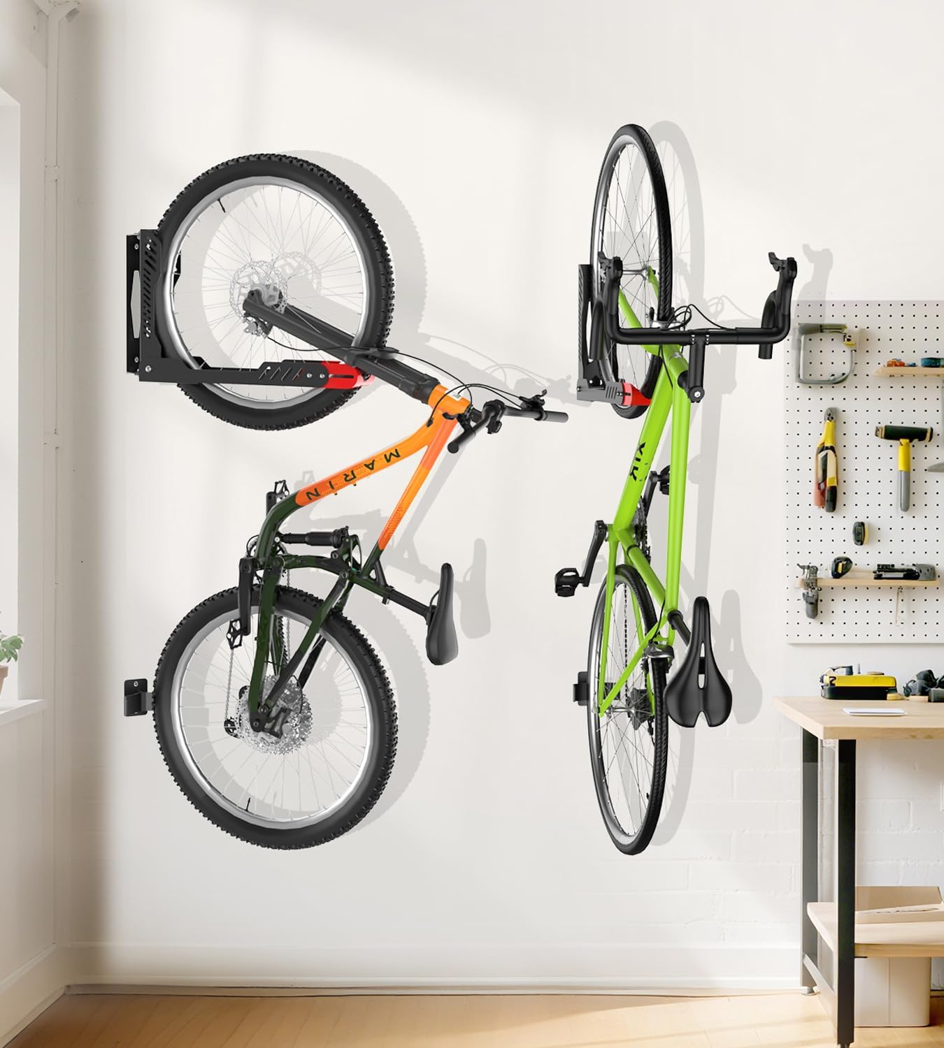 Swivel Bike Wall Mount, Space Saving Bike Rack Garage, No Heavy Lifting Required Bicycle Wall Mount, Vertical Wall Bike Hanger Can Holds up to 77 lbs, Red