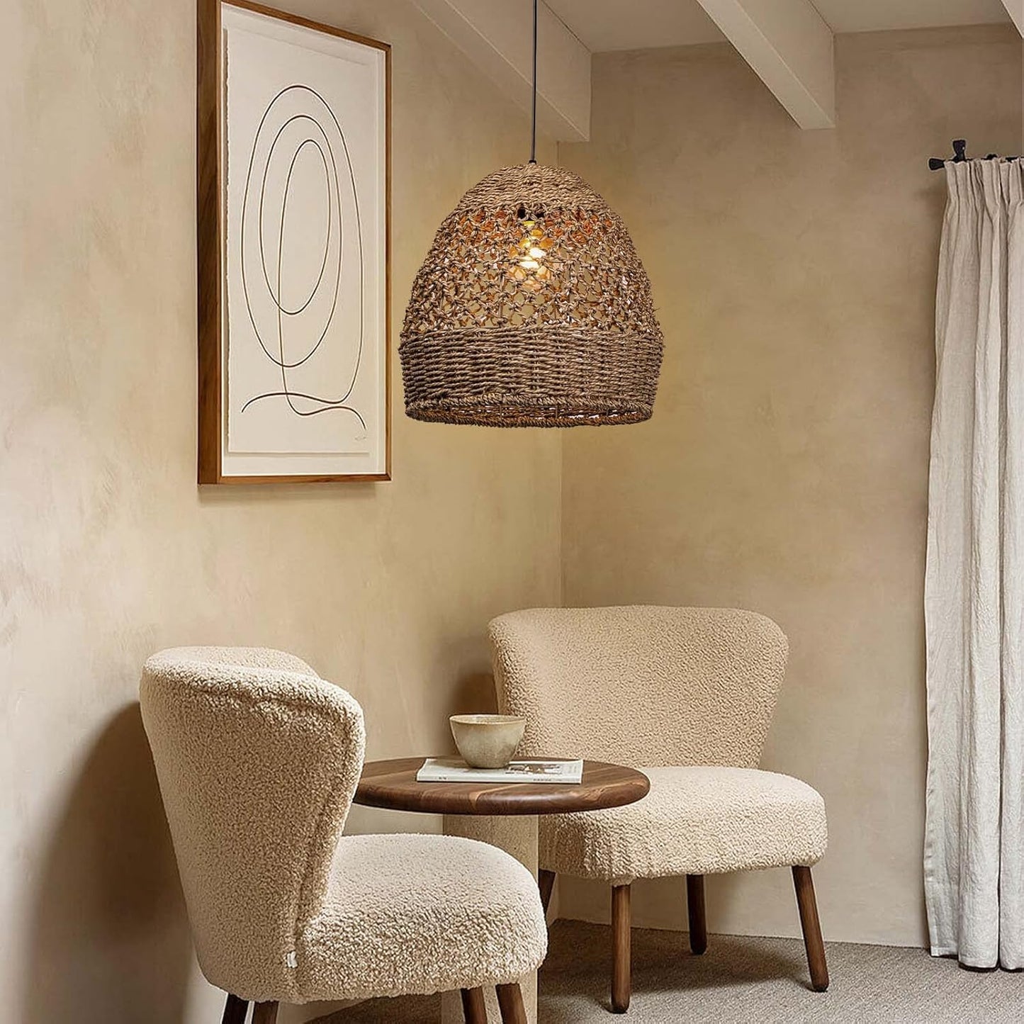 Arturesthome Woven Pendant Light, Modern Boho Hanging Lamp with Handwoven Rattan Shade, Farmhouse Coastal Pendant Light Fixtures for Kitchen Island, Dining Room, Bar, Foyer Hallway D 13.7in