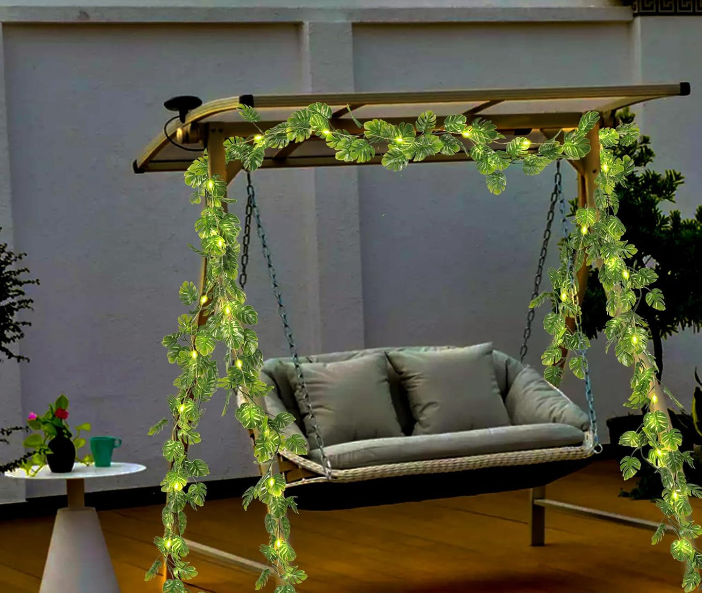 RECUTMS Artificial Monstera Leaf Vines Whit Light 2Pcs, 5.9FT Fake Hanging Ivy Plant Faux Tropical Palm Leaves Greenery Vine Garland Indoor Outdoor Garden Porch Patio Jungle Luau Birthday Party Décor