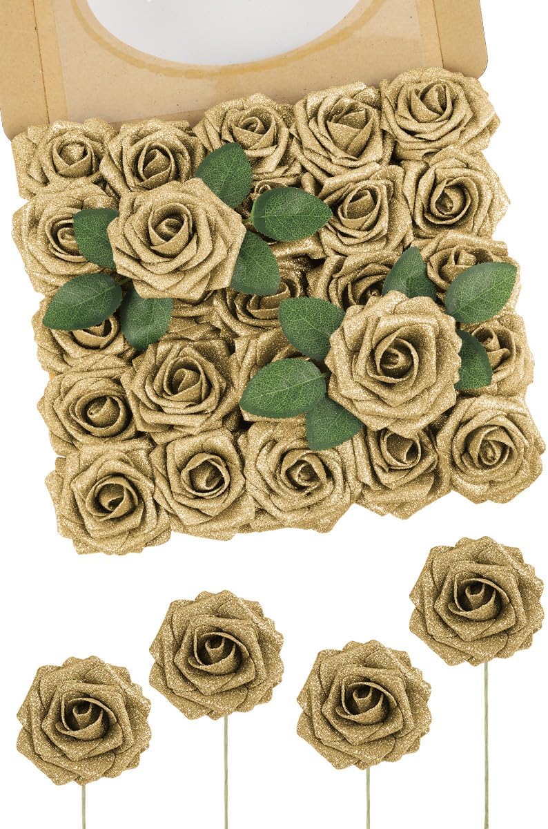 N&T NIETING Artificial Flowers Glowing Gold Flowers Foam 25pcs Glitter Roses Real Looking Fake Roses with Stem for DIY Wedding Bouquets Centerpieces Bridal Shower Party Home Decorations