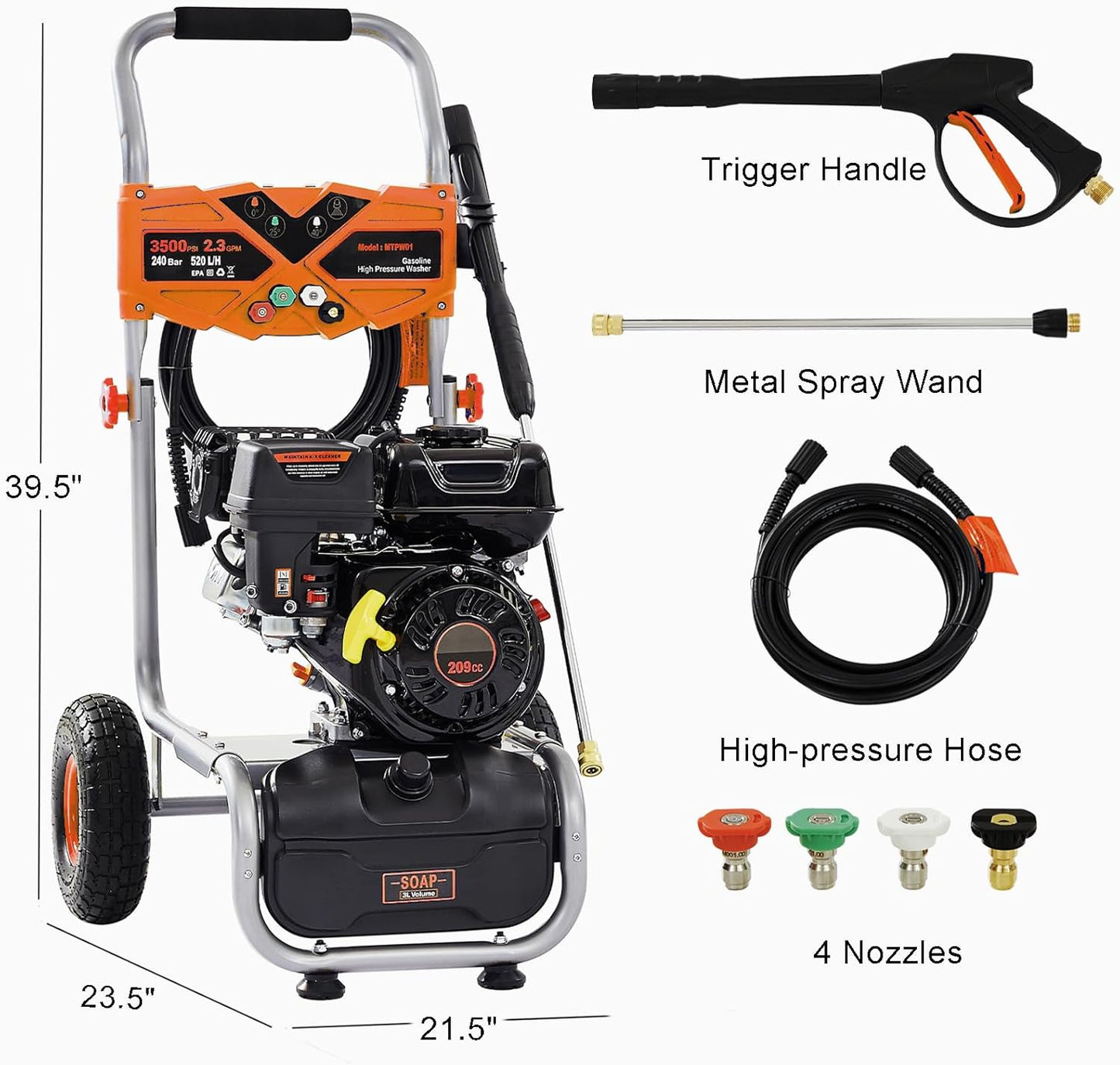 Gas Pressure Washer 3500 PSI, 2.3 GPM Heavy Duty High Power Washer,209CC 7HP Engine with 25Ft Pressure Hose, Axial Aluminum Pump, Soap Tank, Spray Gun and Wand, 4 Quick Connect Nozzle (Orange)
