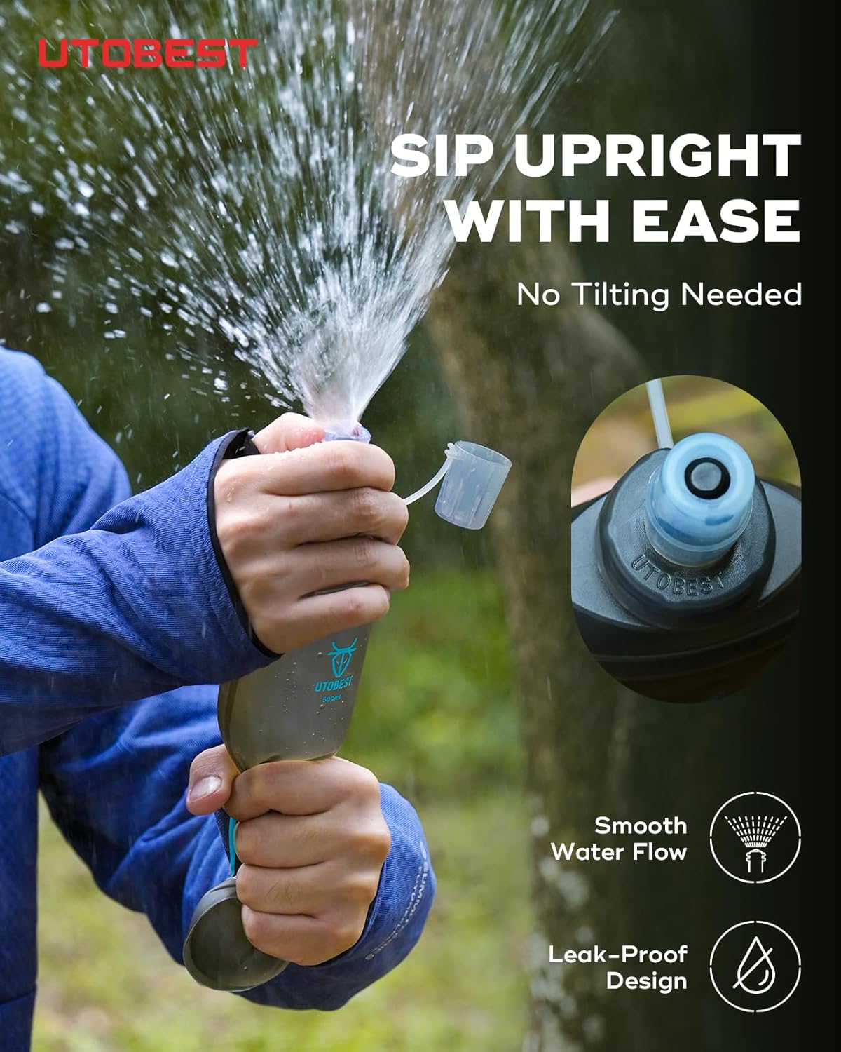 UTOBEST 500ml Soft Flask, 2 Pack Flexible TPU Hydration Water Bottle, Collapsible with 28mm Caliber for Running, Hiking, Cycling, Climbing, and Marathon Blue