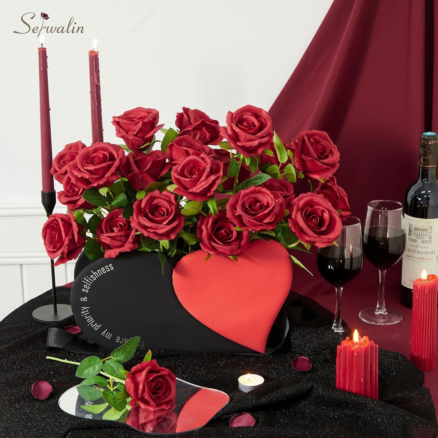 Serwalin 60 PCS Red Artificial Roses Bulk, Realistic Silk Fake Roses for Bridal Bouquet Wedding Centerpieces Table Arrangement Party Home Decor