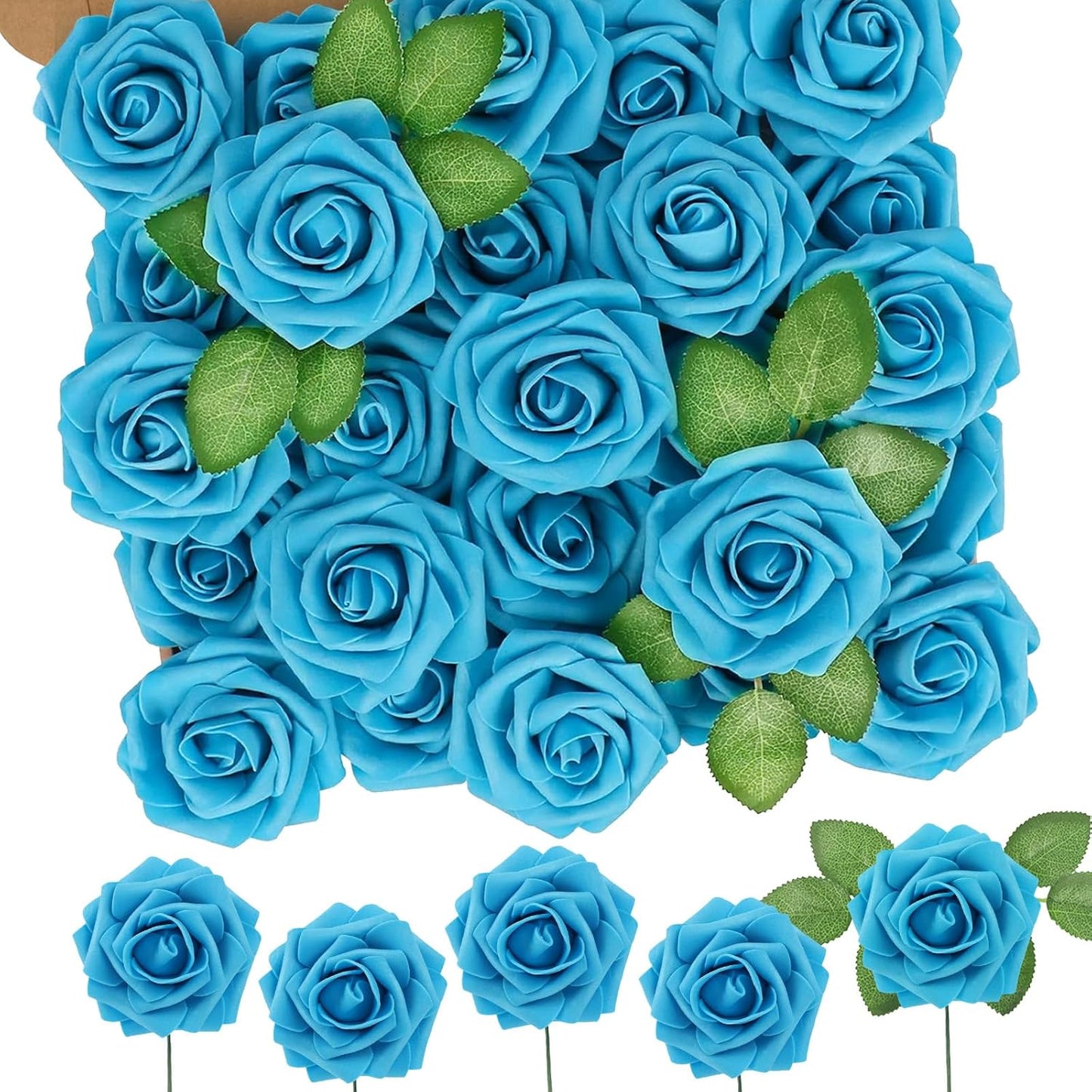 N&T NIETING Artificial Flowers 50pcs Real Looking Blue Foam Fake Roses with Stems for DIY Wedding Bouquets White Bridal Shower Centerpieces Arrangements Party Tables Decorations