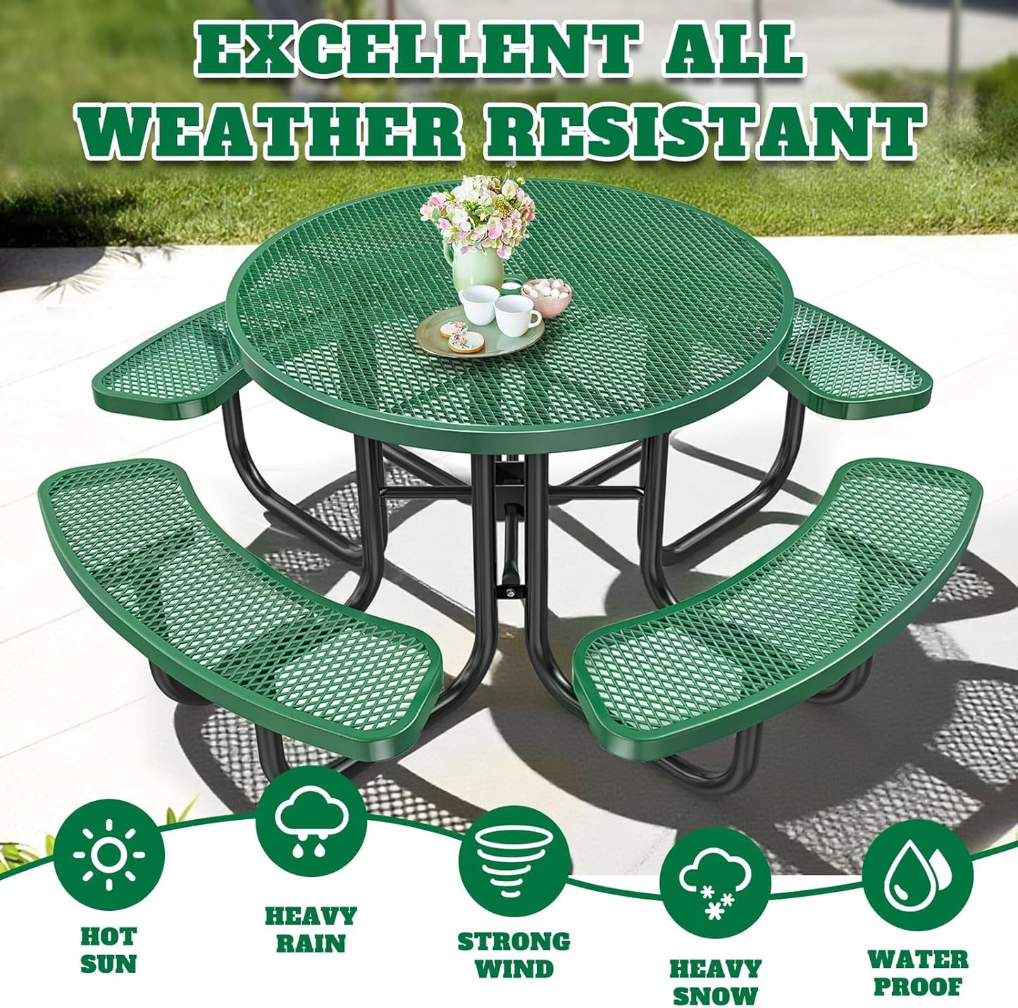 Heavy-Duty Park Bench or Table for Outside - Black Coated Outdoor Furniture Steel Bench, Commercial-Grade Outdoor Benches Weatherproof for Park, Patio, Porch (Green, 46” (Rd. Table))