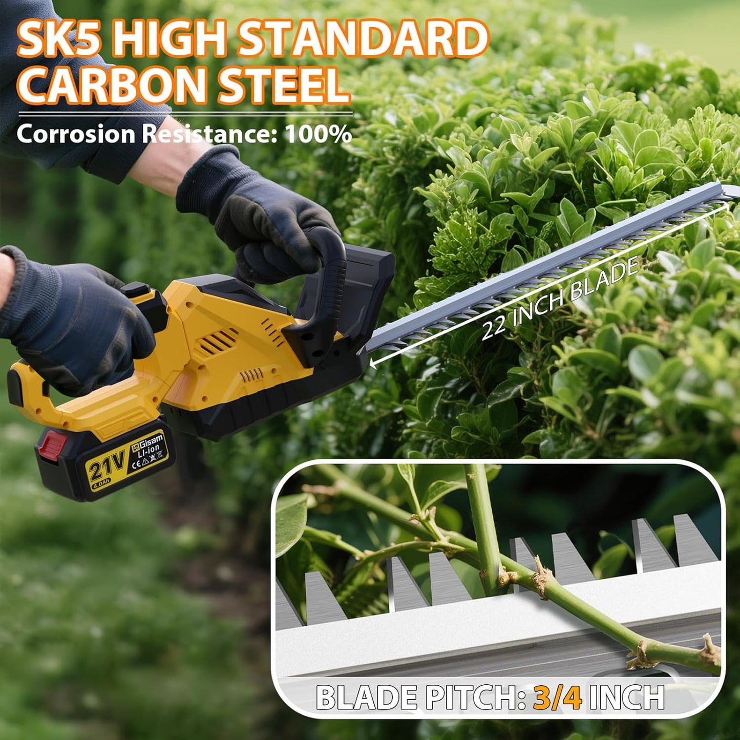 22''Hedge Trimmer Cordless,21V Electric Handheld Bush Clipper with 2 Pack 4000mAh Rechargeable Batteries,3200RPM 180°Rotatable Head,3/4''Blade Gap,Lightweight & Compact Trimmer