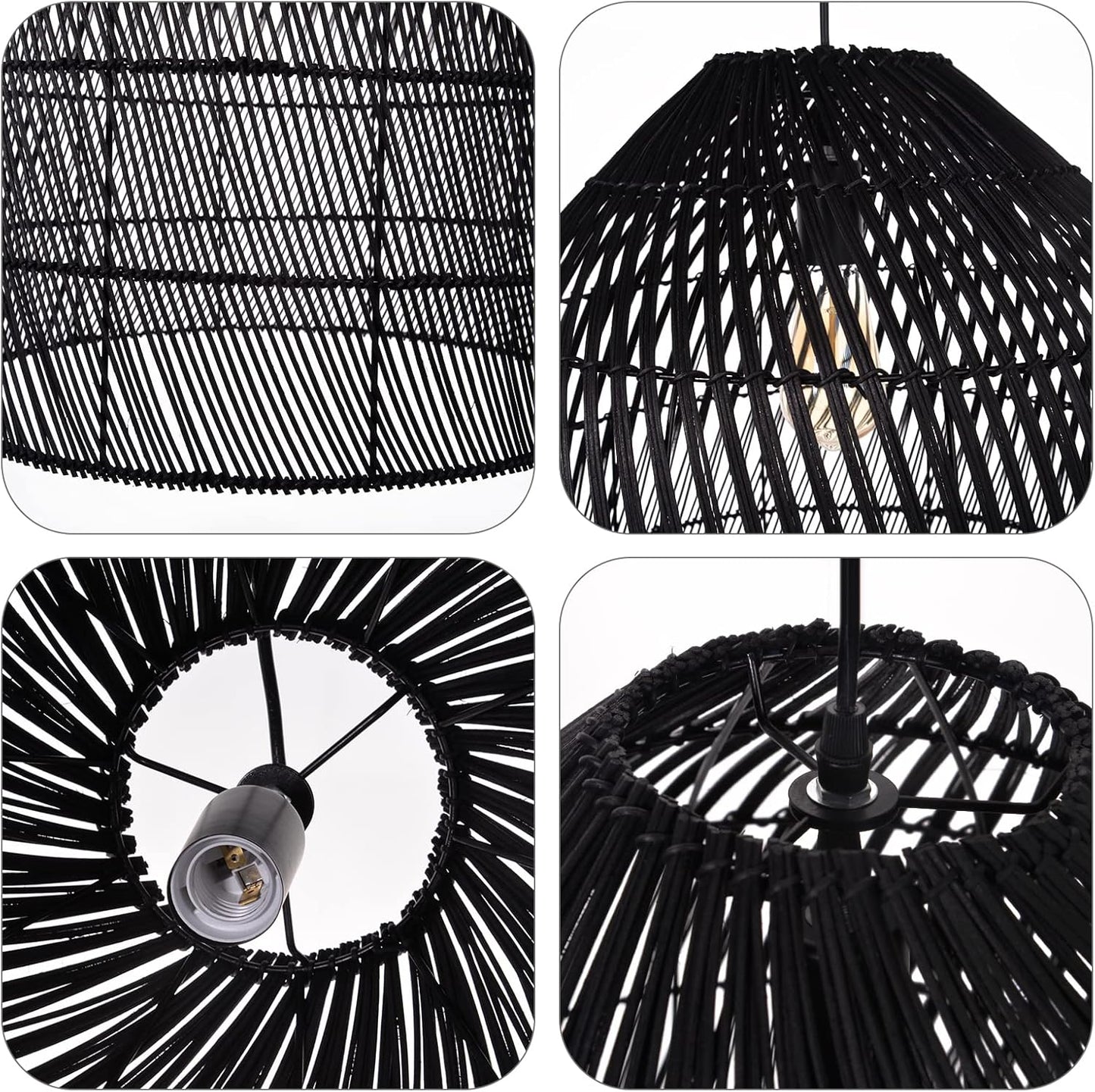 Arturesthome 1 Light Wicker Bell Pendant Lamp, Design Basket Rattan Woven Pendant Light Shades, Handmade Hanging Ceiling Lights Crafts Lampshade Black